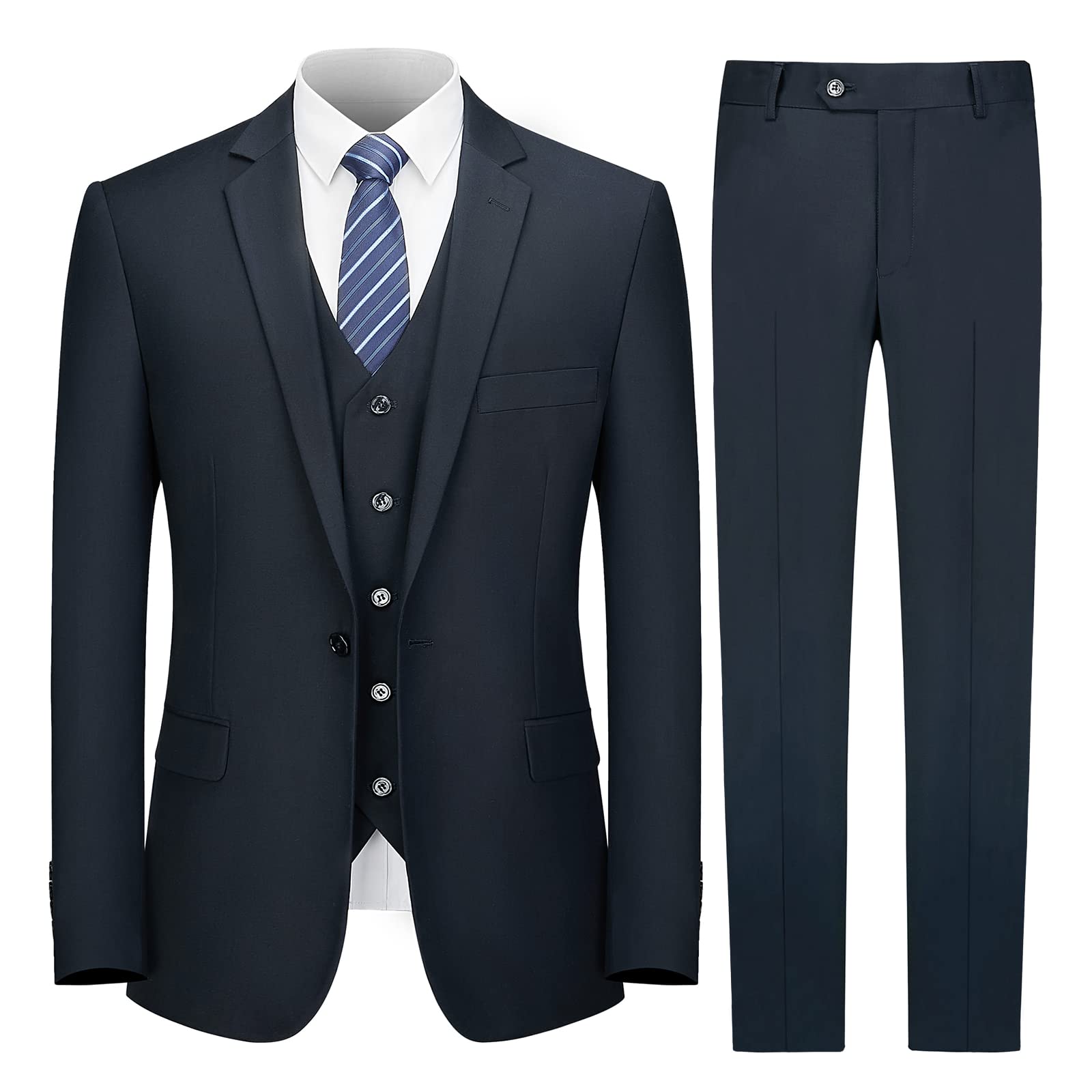 Cooper & Nelson Men's Slim Fit 3-Piece Suit Set - One Button Solid Jacket, Vest & Pants with Tie - Formal Tuxedo for Weddings, Business & Special Occasions