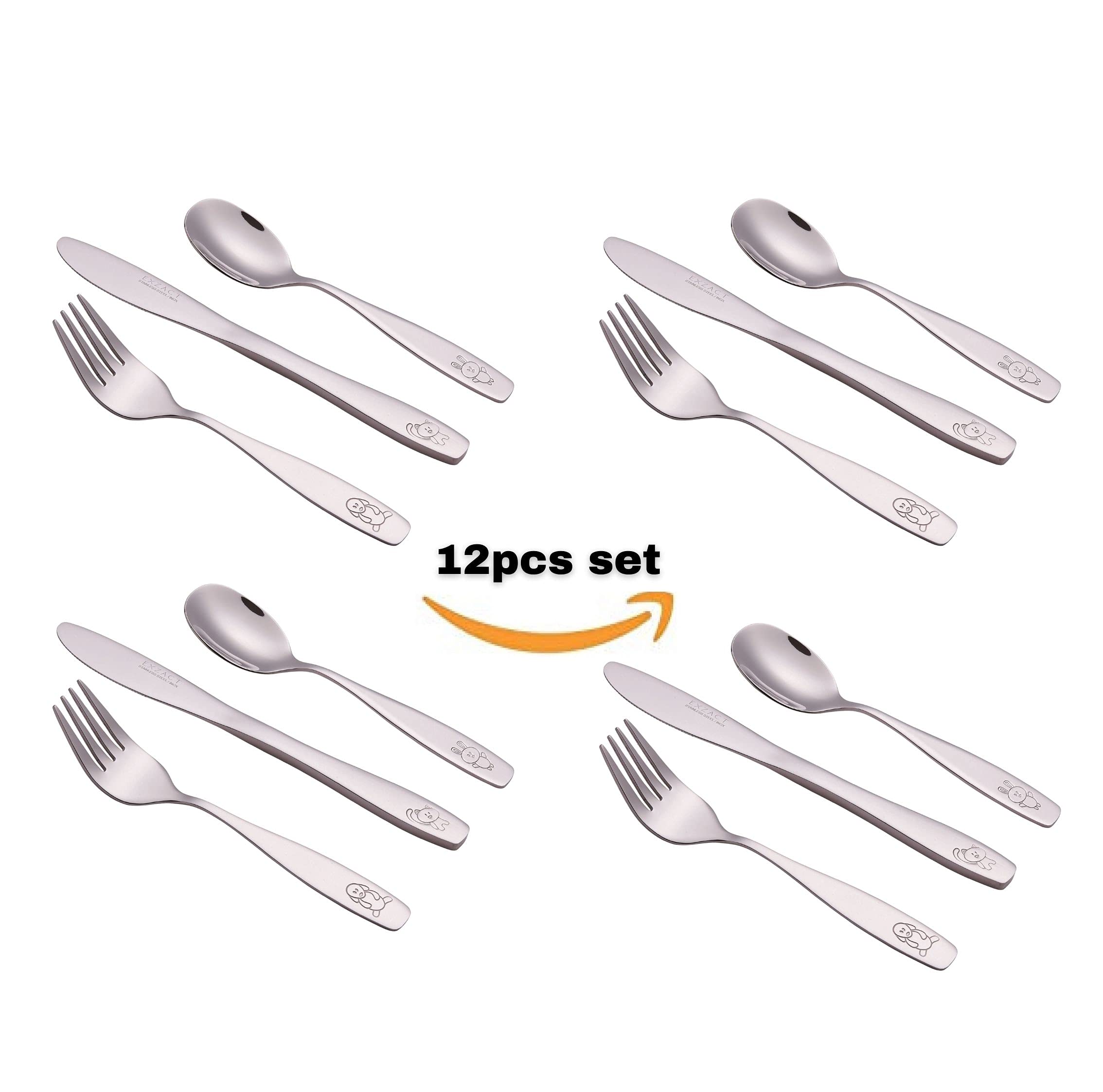 Exzact 12-Piece Kids Cutlery Set - Stainless Steel Forks, Safe Dinner Knives & Spoons for Children with Engraved Animal Designs (Dog, Cat, Bunny) - Perfect for School Lunches, Picnics & Family Dinners