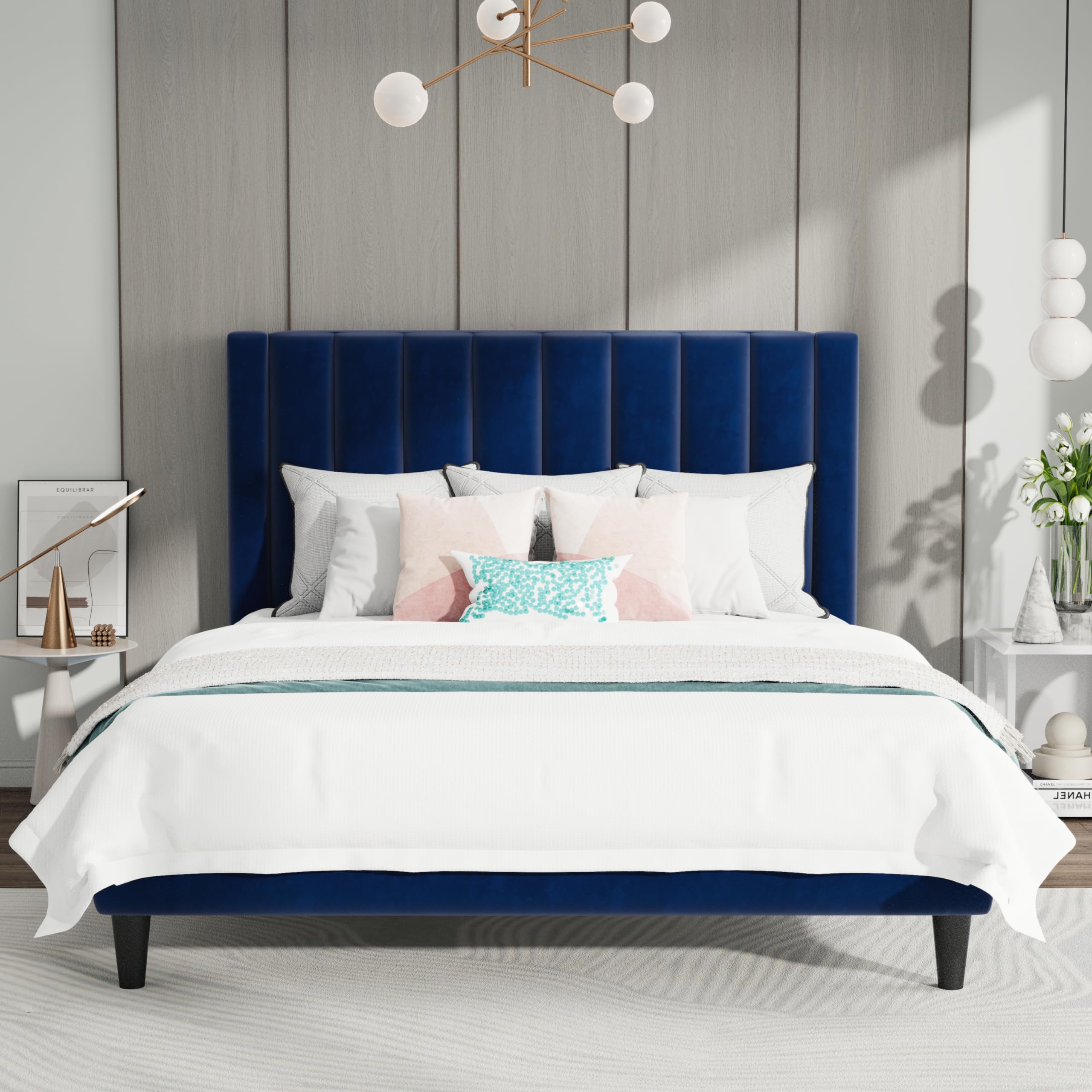 Luxury Velvet Upholstered Queen Size Bed Frame with Headboard - Dark Blue Platform Bed with Sturdy Wood Slat Support, No Box Spring Required | Perfect for Modern Bedrooms, Guest Rooms & Master Suites