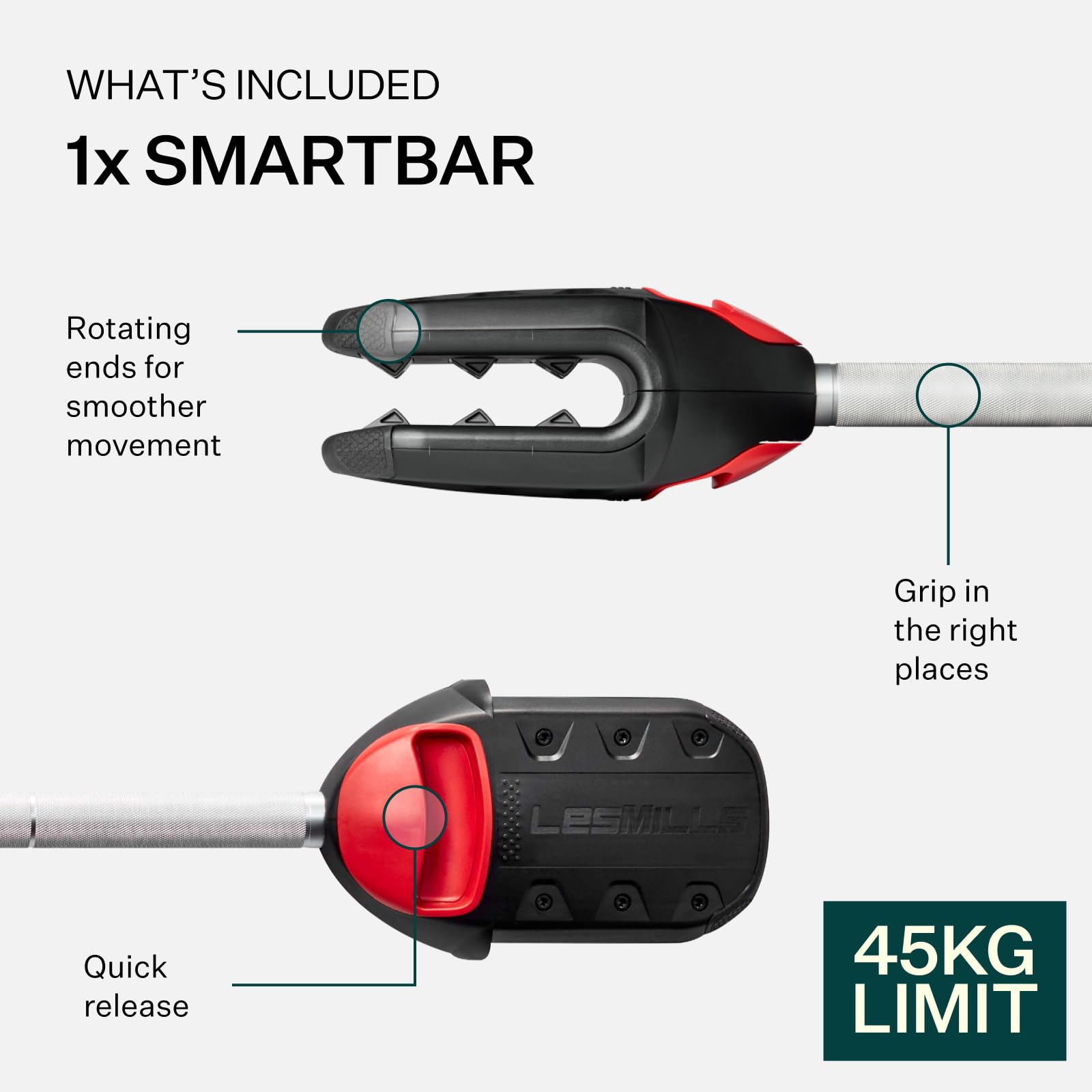 Les Mills SMARTBAR Exercise Barbell for Total Body Workouts - Adjustable Home Gym Equipment for Strength Training & Weightlifting | Compatible with Free Weights (Plates Sold Separately) | Perfect for Home Workouts, CrossFit & Functional Fitness Training