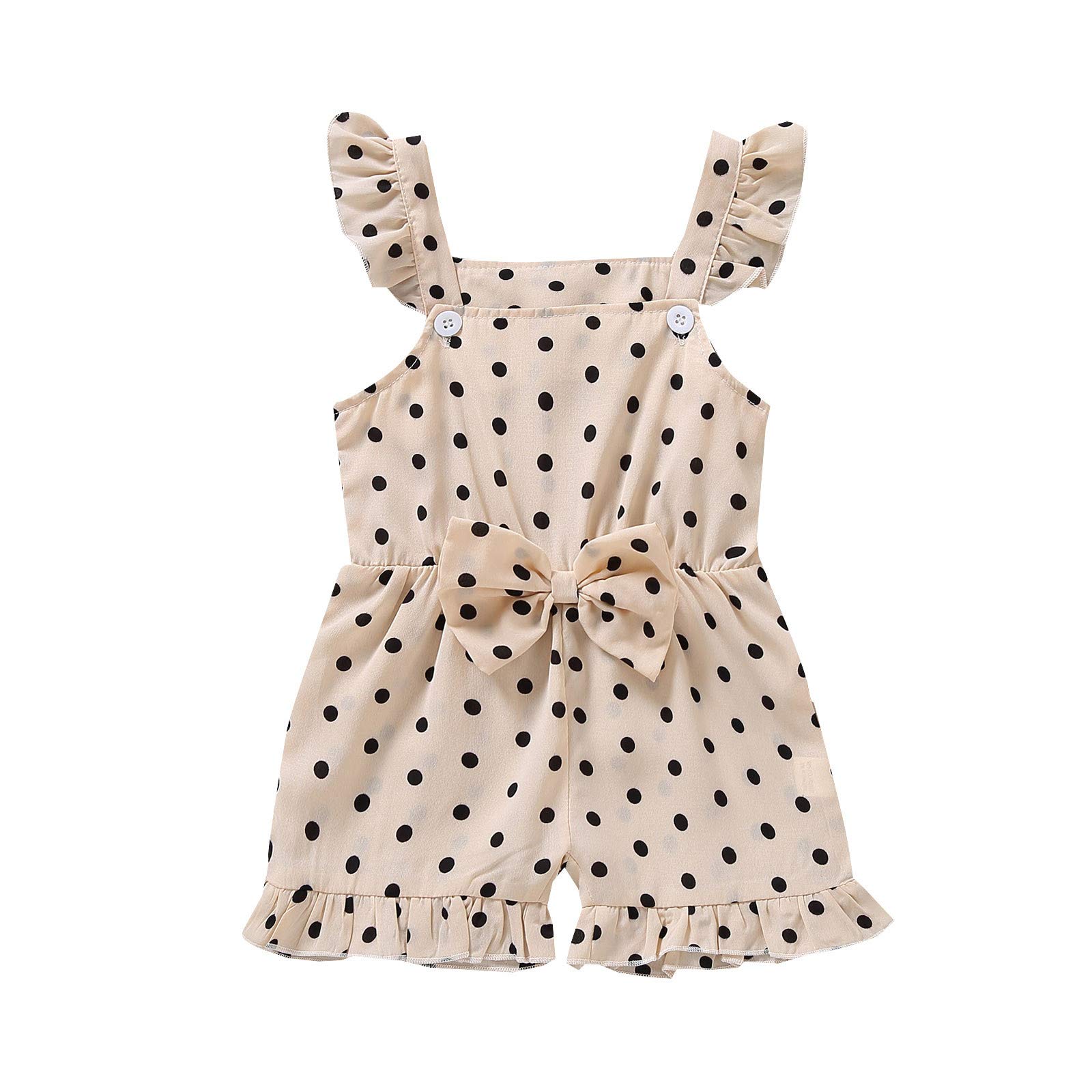 Adorable Printed Romper with Ruffles & Bowknot for Baby & Toddler Girls - Beige Dotted Suspender Jumpsuit - Perfect for Playdates, Parties & Photo Shoots