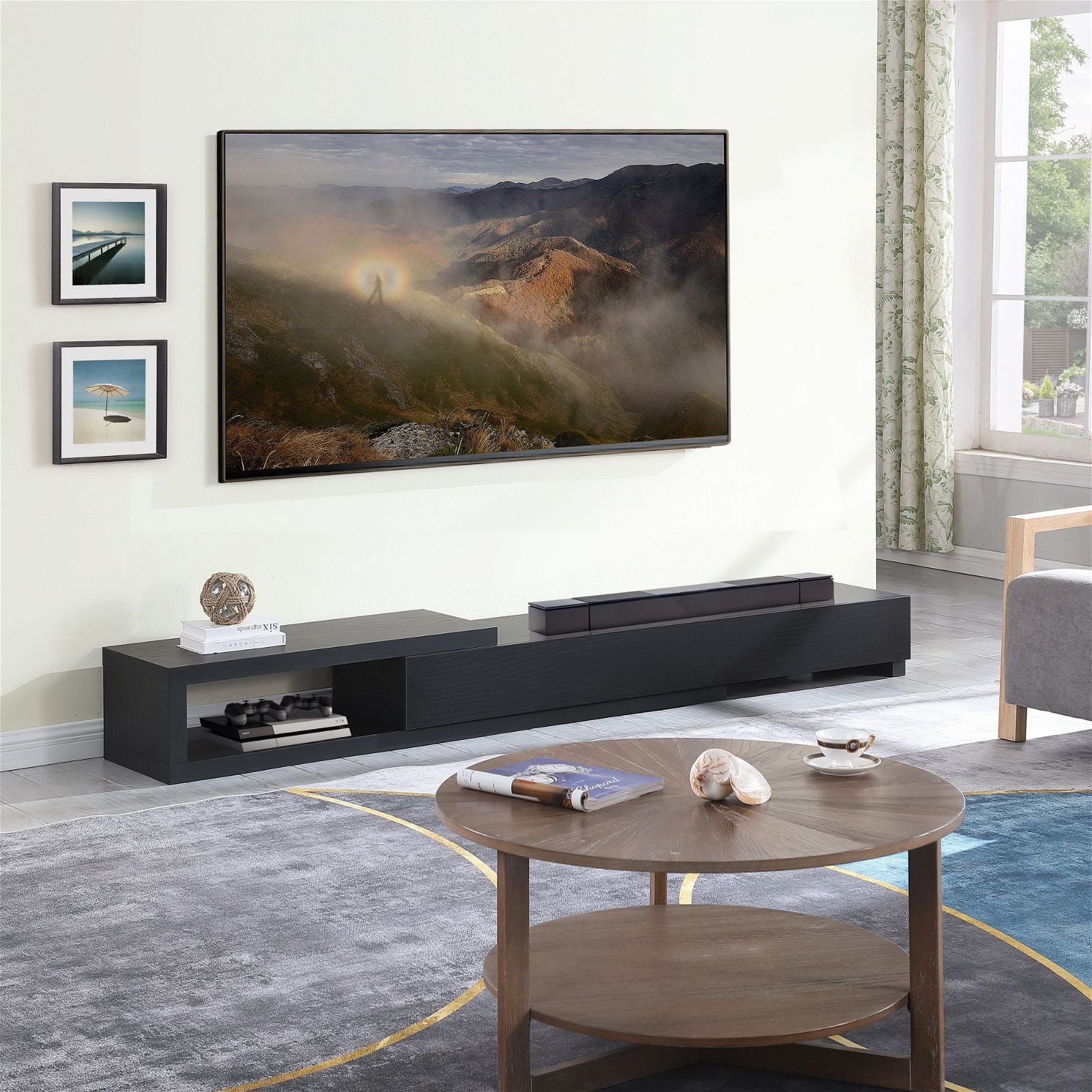 Criterion Durham Extendable TV Stand 260cm - Modern Lowline TV Unit in Black Oak for Living Room & Home Theater Setup
