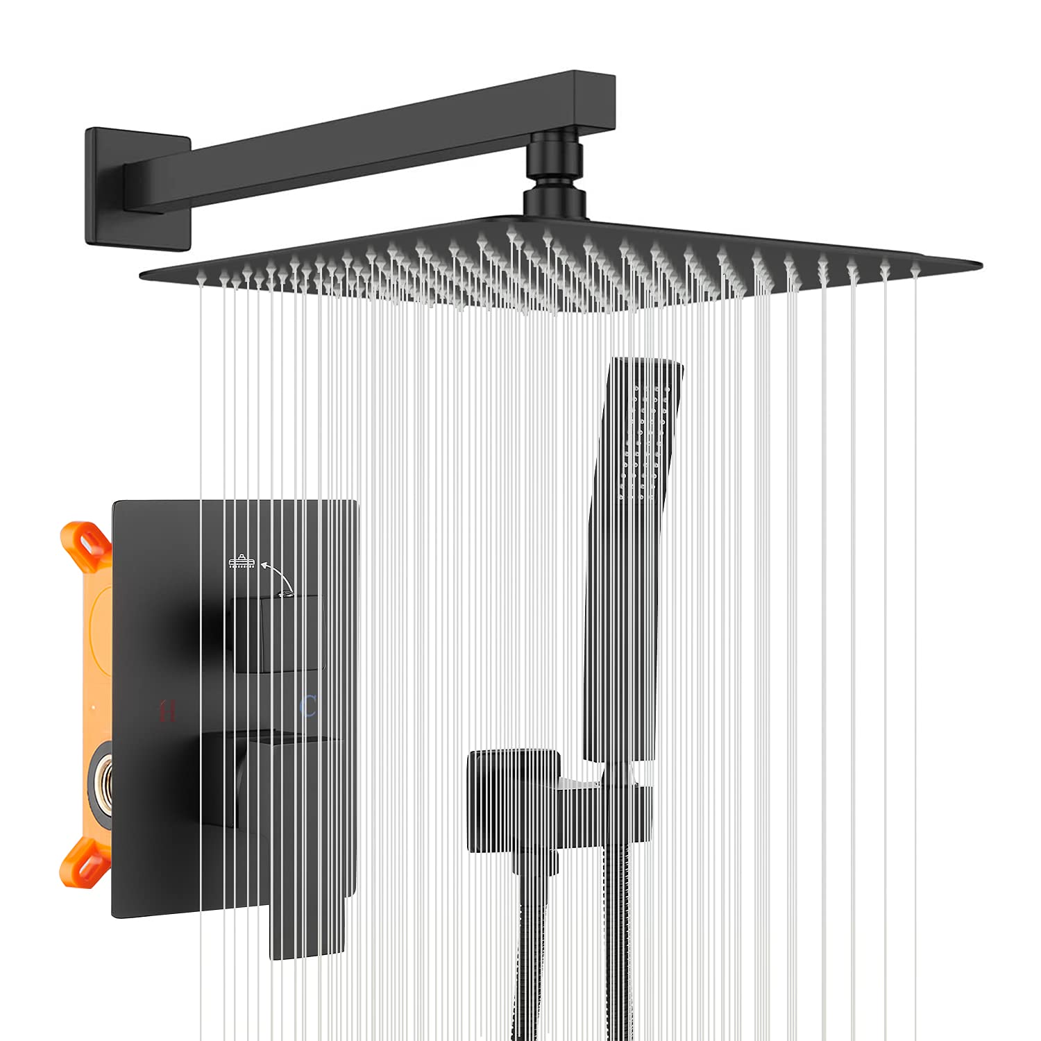 Black Shower Faucet GGStudy Shower Trim Kit with Rough-in Valve - 10 Inch Square Stainless Steel Rainfall Shower System with Handheld Spray - Perfect for Modern Bathroom Renovations & Spa-Like Shower Experience