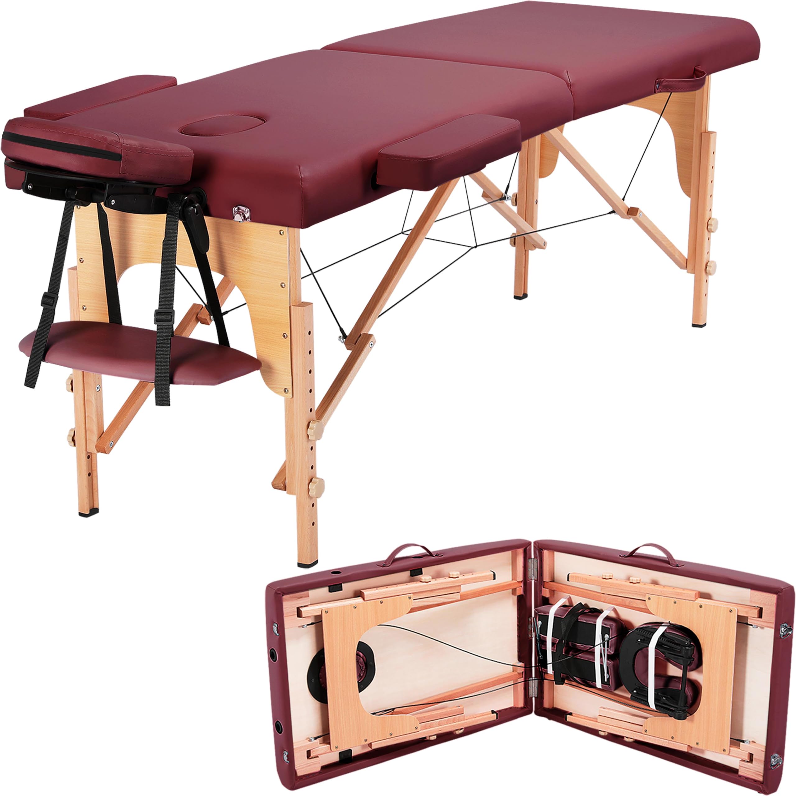 Yaheetech Portable Folding Massage Table - 24 Inch Adjustable Spa Bed for Lash Extensions & Facials w/ Non-Woven Carry Bag (Burgundy) | Perfect for Home Spa, Salon Professionals & Mobile Therapists