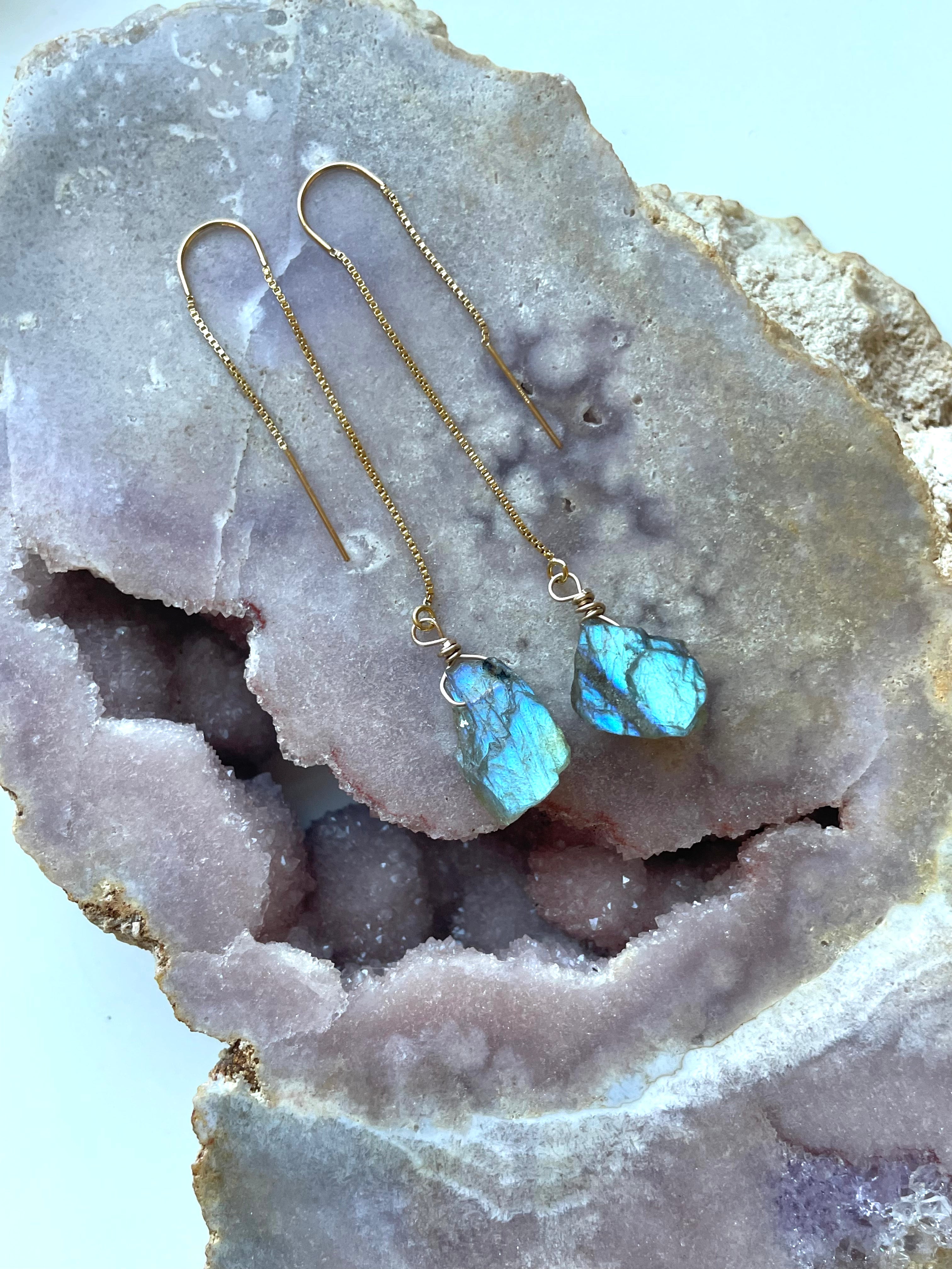 Labradorite Threader Earrings - Sterling Silver or 14K Gold Filled Dangle Earrings for Women | Healing Crystal Jewelry for Everyday Wear & Special Occasions