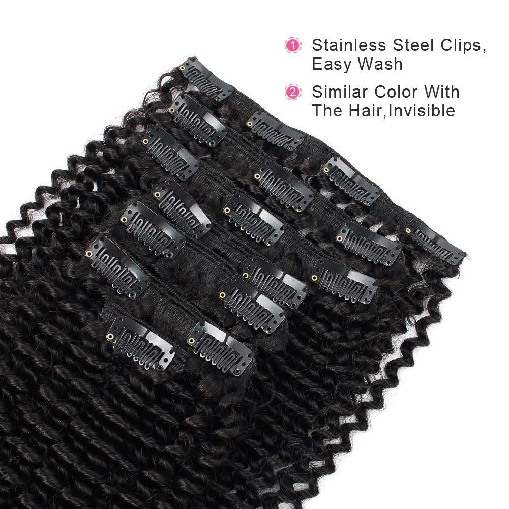 ABH AMAZINGBEAUTY 22 Inch Kinky Curly Clip-in Hair Extensions - 3C/4A Double Wefts 120g Real Remy Human Hair for African American Women | #1 Jet Black | Perfect for Parties, Weddings & Everyday Glam