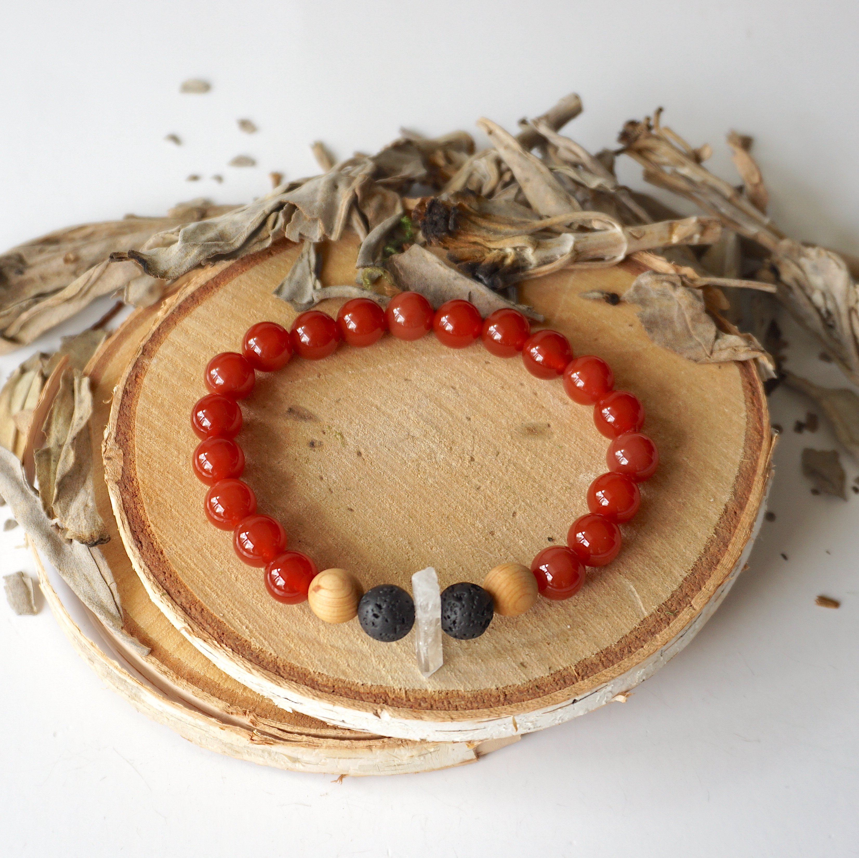 Natural Carnelian Healing Crystal Mala Bracelet with Quartz, Lava Beads & Olivewood - Meditation, Yoga, Chakra Balancing & Spiritual Healing Jewelry