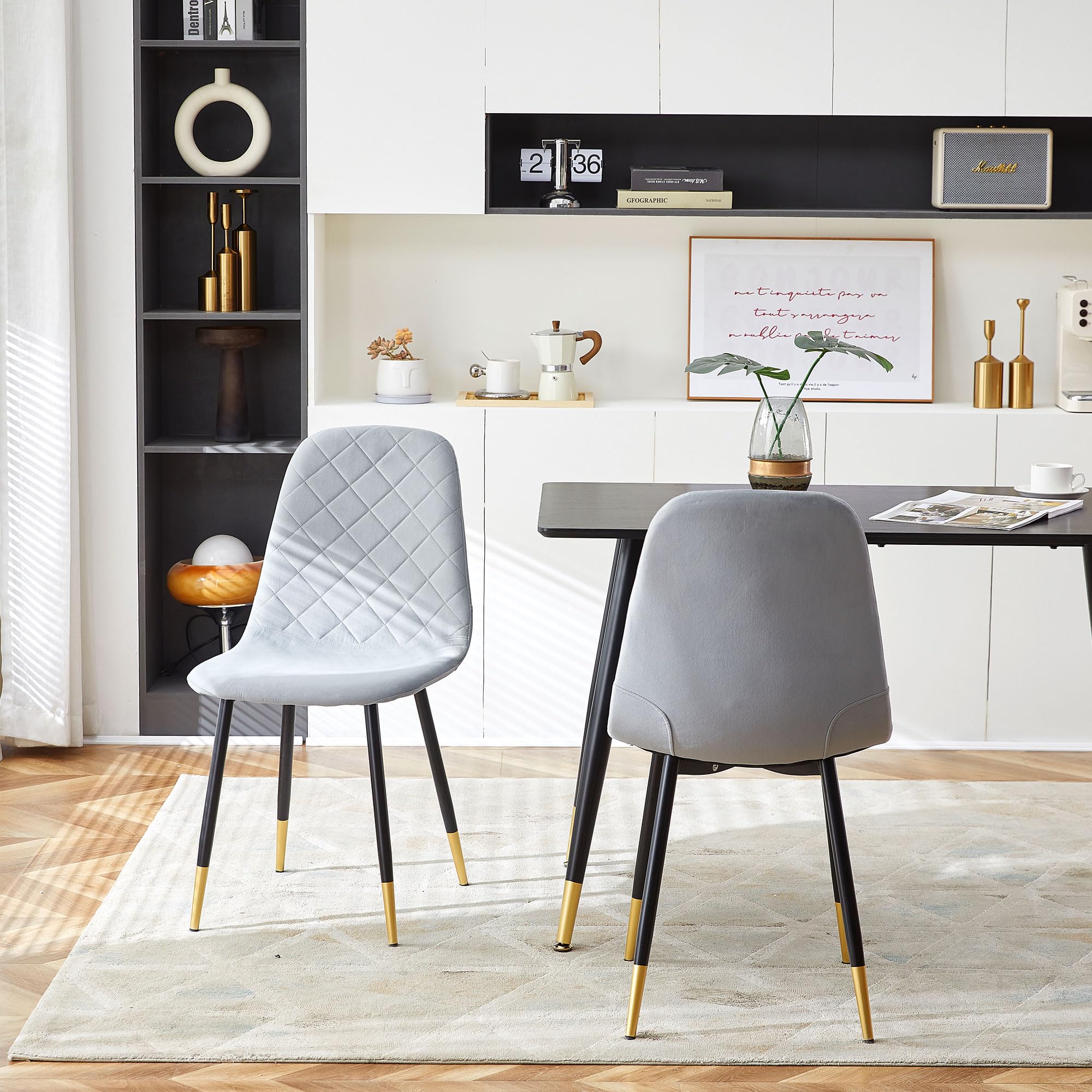 Nordicana Velvet Dining Chairs Set of 2 - Modern Upholstered Kitchen Side Chairs with Sturdy Metal Legs in Soft Grey | Perfect for Dining Room, Breakfast Nook & Small Space Decor
