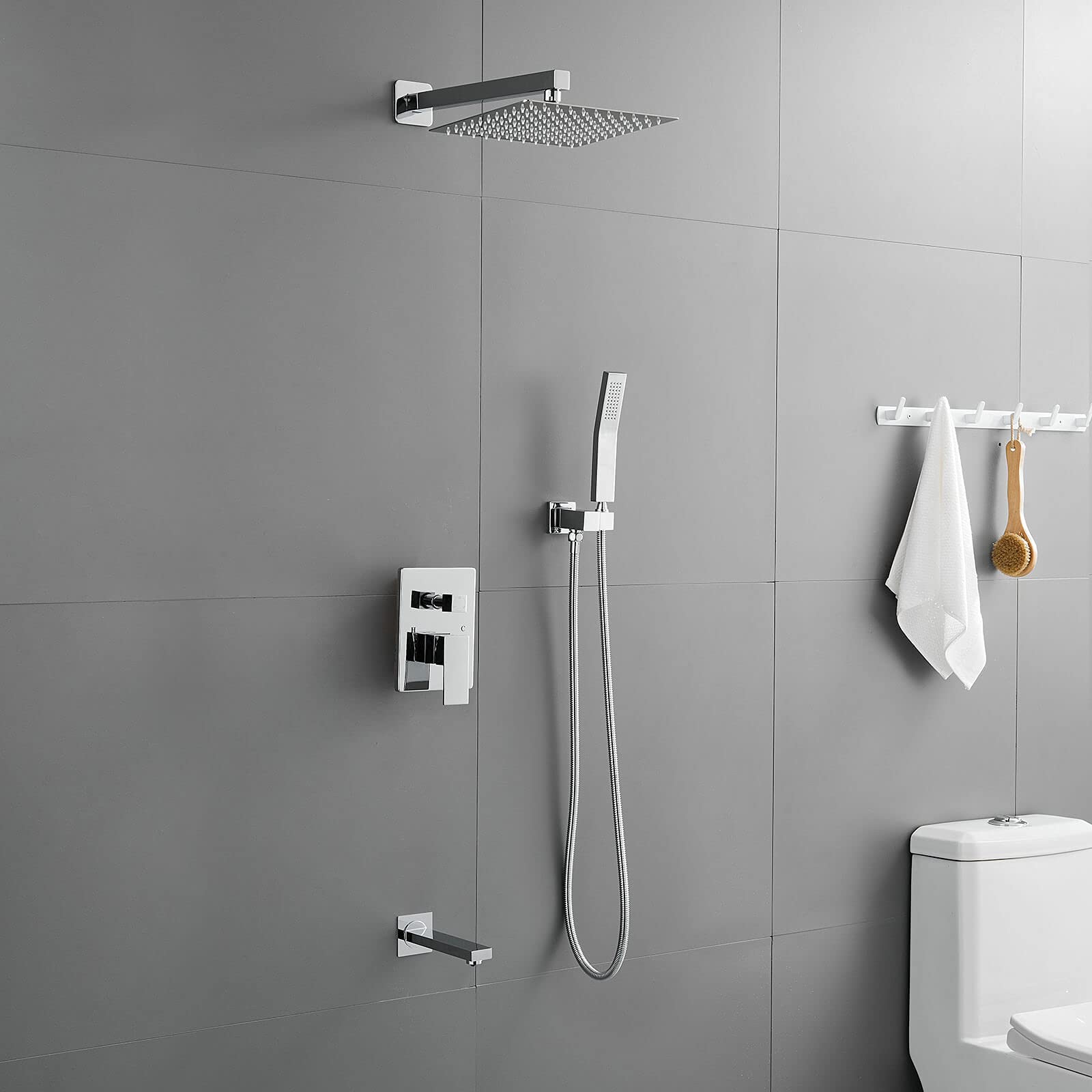 ROVOGO All Metal Bathtub Shower Faucet Set - 10 Inch Square Rain Shower Head with Handheld Sprayer, Tub Spout & Valve Trim Kit in Chrome Finish | Perfect for Bathroom Renovation & Luxury Spa Experience