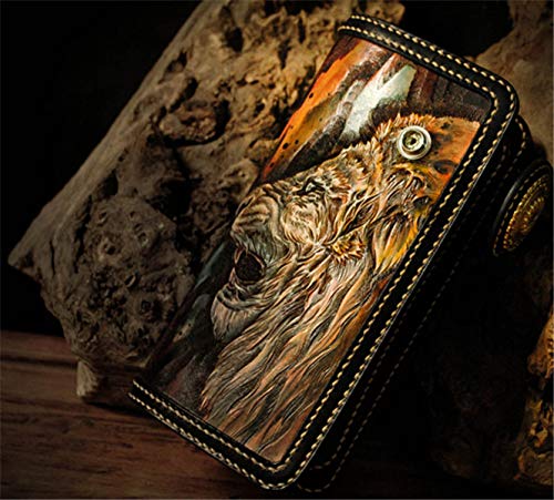 Handcrafted 3D Genuine Leather Wallet for Men - Long Biker Wallet with Hand-Carved Lion King Design - Custom Personalized Leather Wallet for Everyday Use & Gift Giving