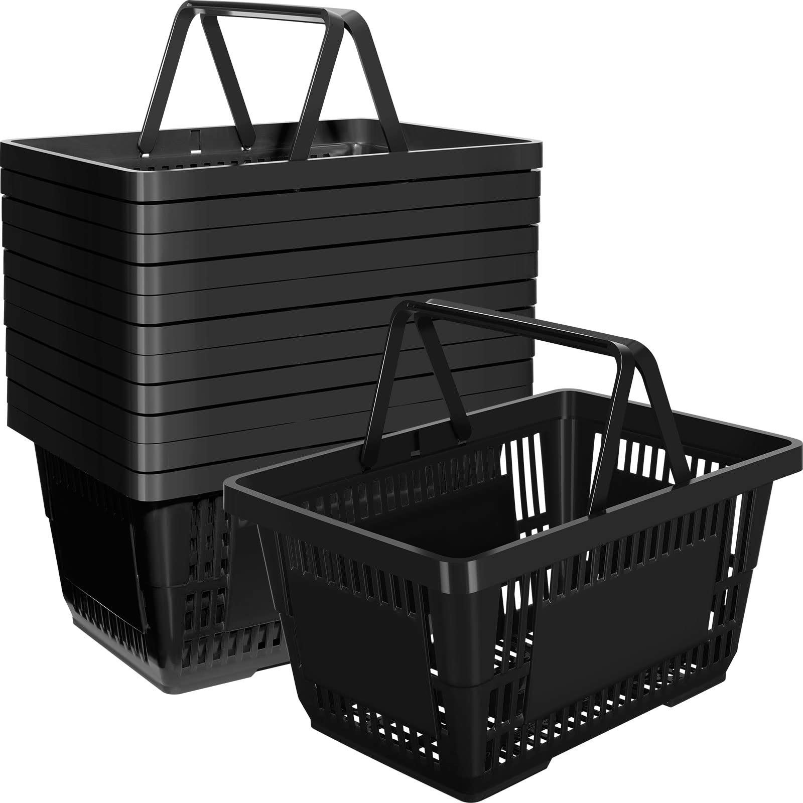 Macarrie 12 Pack 20L Plastic Shopping Baskets with Handles - 16.9 x 11.8 x 9.1 Inches, Durable Black Storage Bins for Grocery Store, Retail, Home Organization & Laundry Room