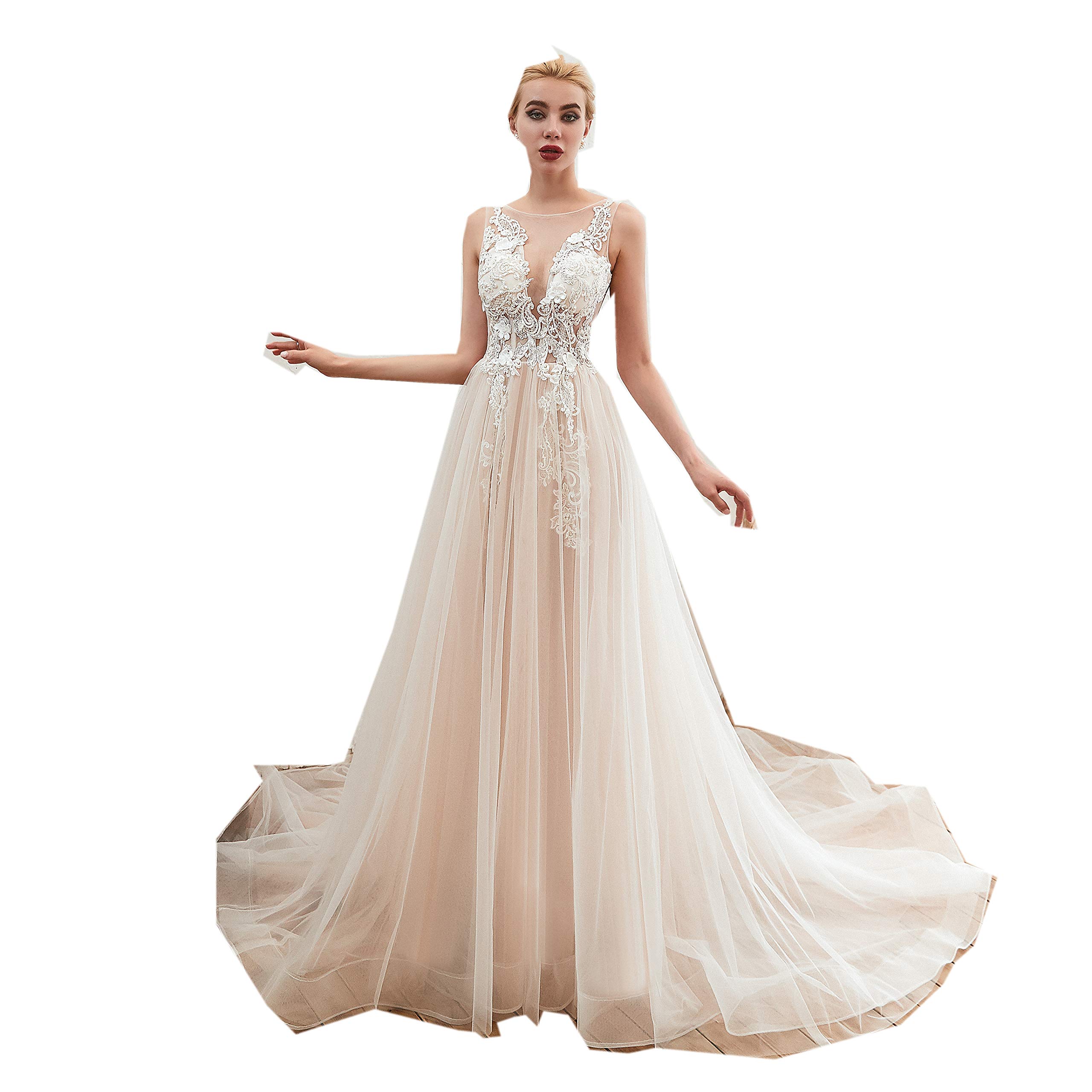 Elegant Illusion Lace A-Line Prom Wedding Dress for Women - Perfect for Beach Weddings, Formal Events & Special Occasions