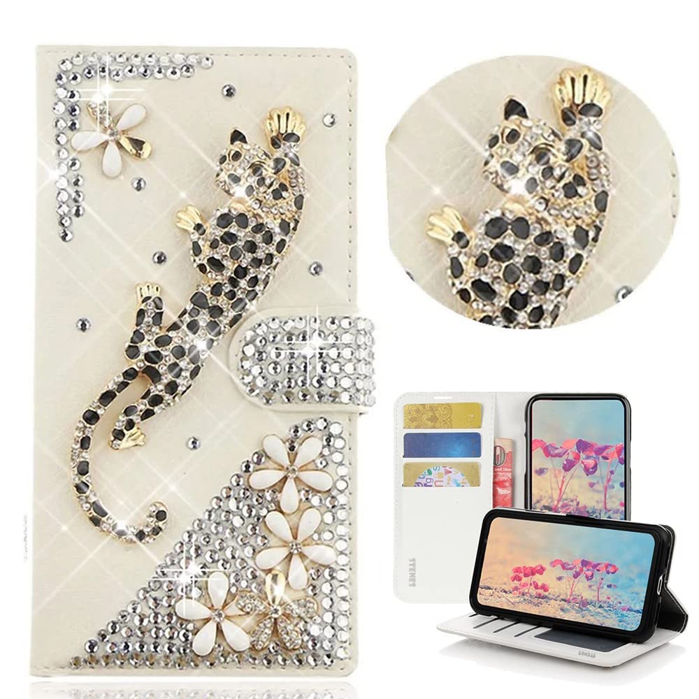 STENES Bling Wallet Phone Case for iPhone 6 Plus/6S Plus - 3D Handmade Leopard Flower Design Leather Cover with Card Slots, Screen Protector & Neck Strap - Gold | Perfect for Women's Fashion Accessories, Daily Use & Gift Giving