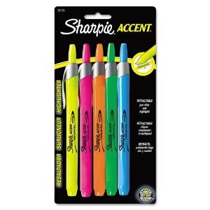 Sharpie Accent Retractable Highlighters - Chisel Tip, 5-Pack Assorted Colors (Yellow, Pink, Blue, Green, Orange) - Great for Office, School, Note-Taking & Bible Study