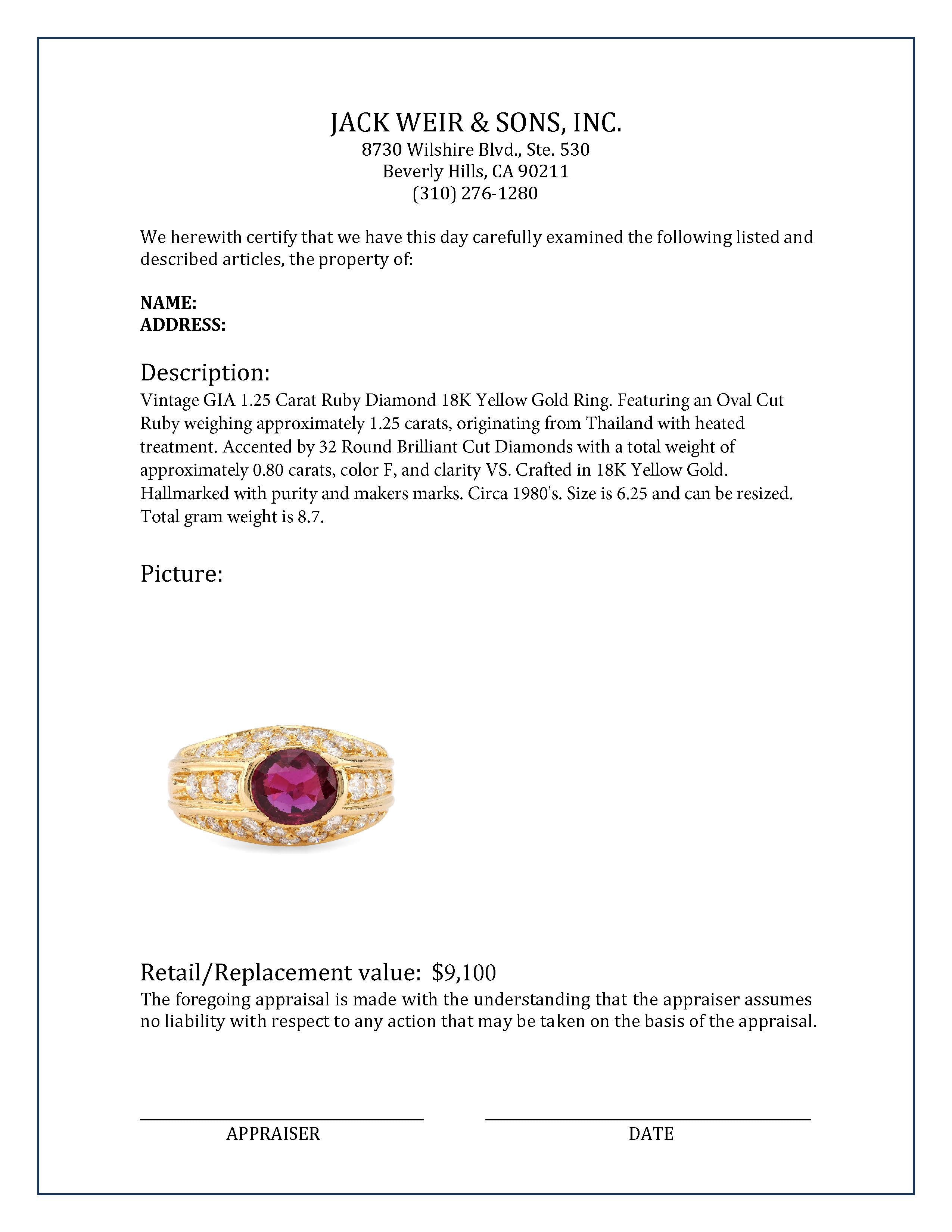 Vintage GIA Certified 1.25 Carat Ruby & Diamond 18K Yellow Gold Engagement Ring - Perfect for Weddings, Anniversaries & Special Occasions