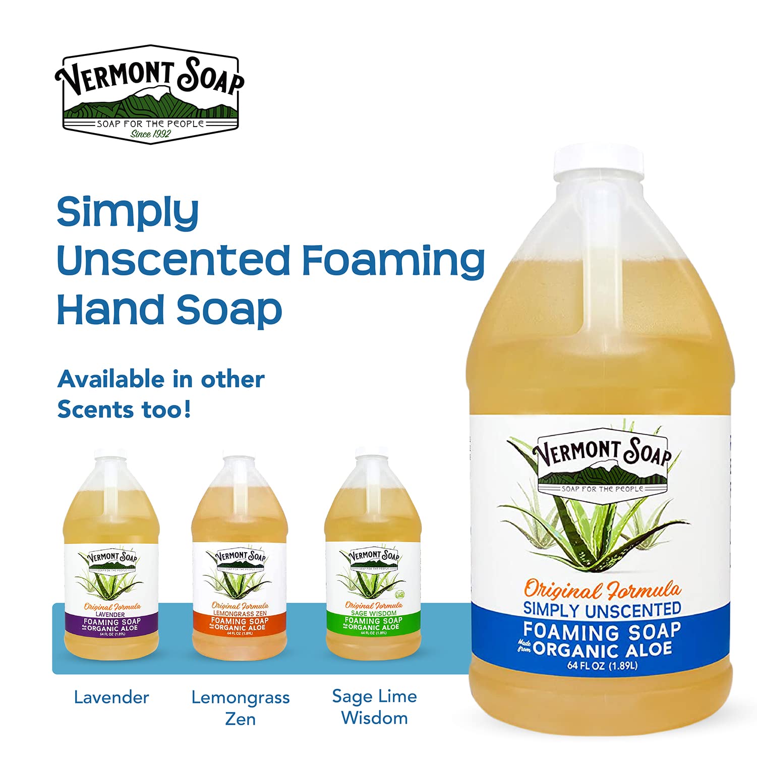 Organic Unscented Foaming Hand Soap by Vermont Soap - Natural Moisturizing Liquid Soap for Dry Skin, Fragrance-Free Bathroom Hand Wash - 64 oz - Perfect for Sensitive Skin & Eco-Friendly Homes