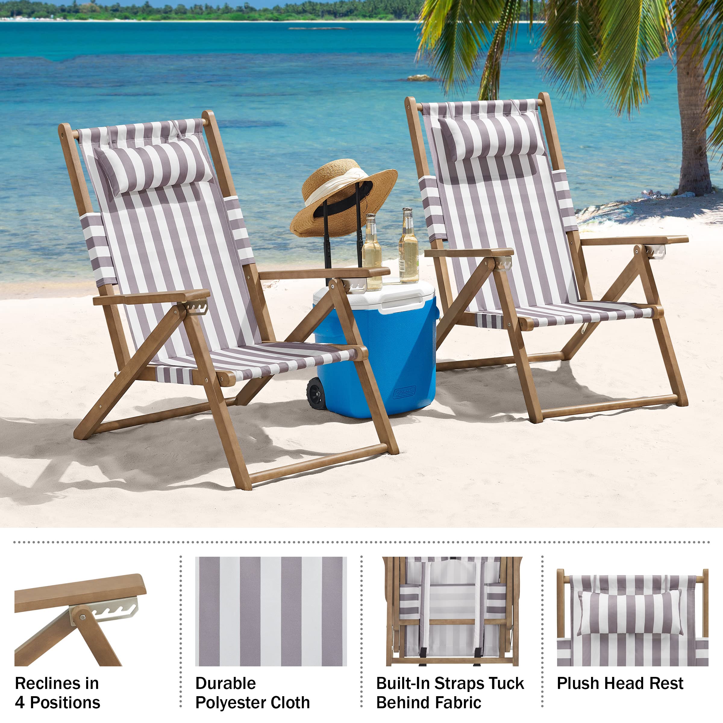 Premium Set of 2 Weather-Resistant Folding Beach Chairs with Adjustable Reclining Back & Carry Straps - Outdoor Patio Furniture for Poolside, Backyard, Camping & Beach Vacations (Taupe)