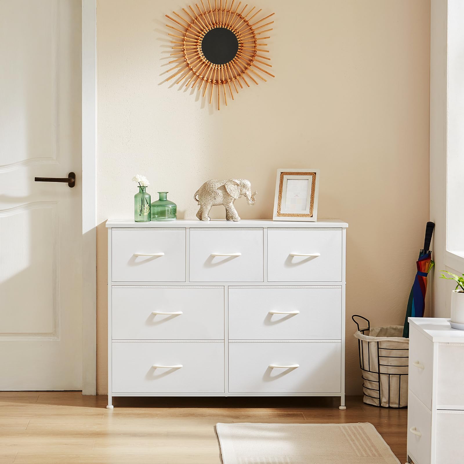 DUMOS 7-Drawer Dresser for Bedroom - Wooden Top Storage Organizer with Fabric Bins & Metal Frame - Nursery, Living Room, Kids Room & Closet Furniture - Perfect for Organizing Clothes, Toys & Home Essentials (White)