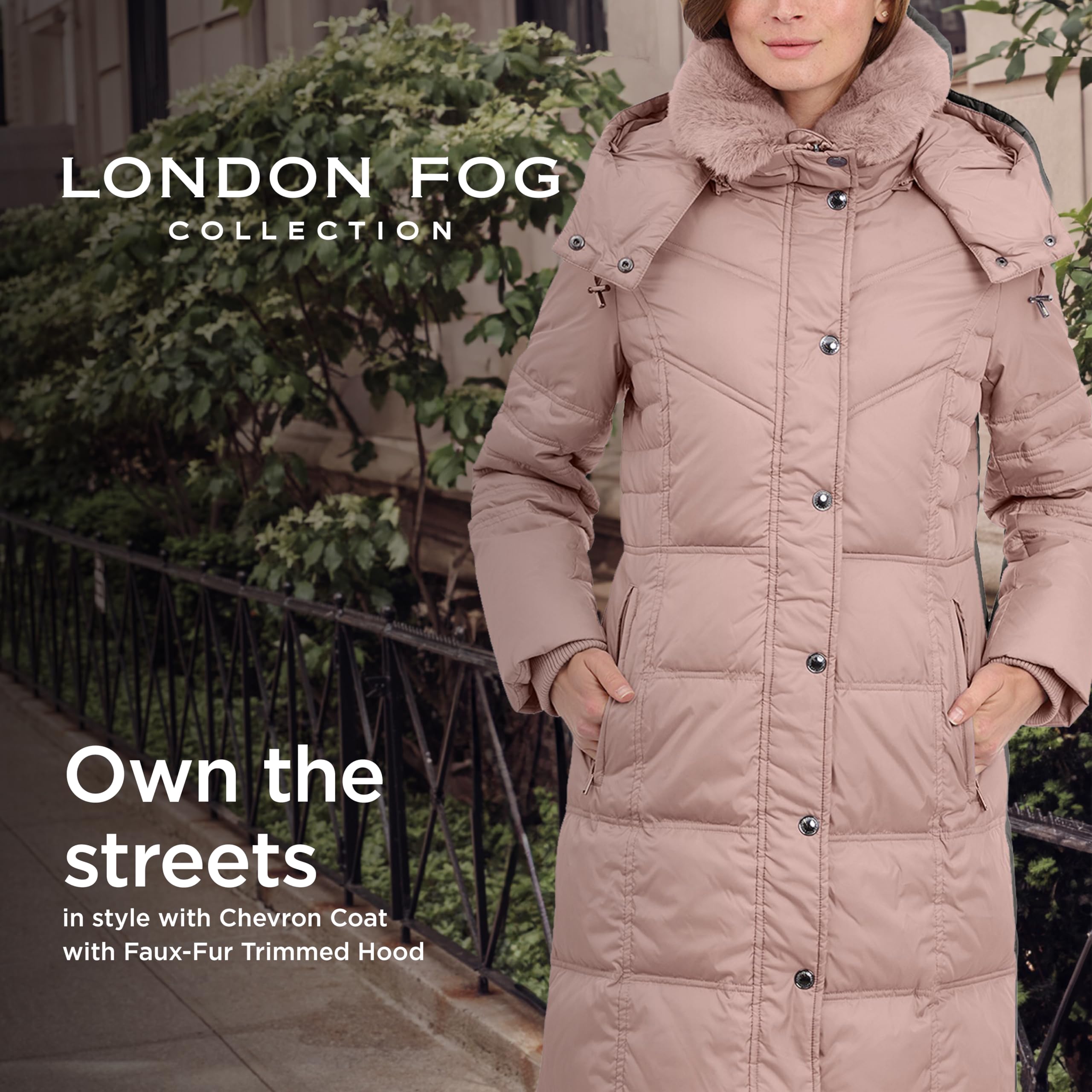 London Fog Women's Chevron Coat - Faux Fur Hood for Winter Fashion