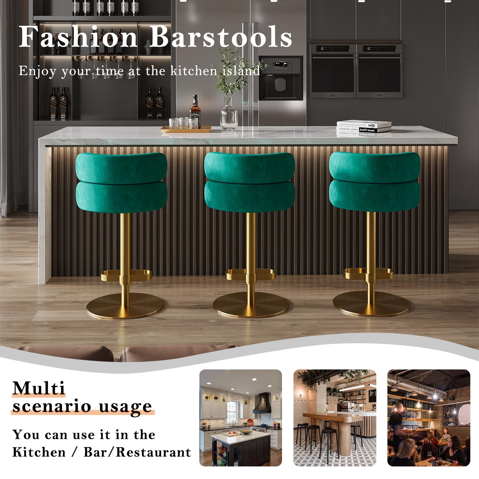 Modern Adjustable Height Swivel Bar Stools with Back - Gold Legs Counter Height Barstools for Kitchen Island, Living Room, Coffee Shop - Set of 1 (Green) - Perfect for Entertaining, Dining & Home Decor