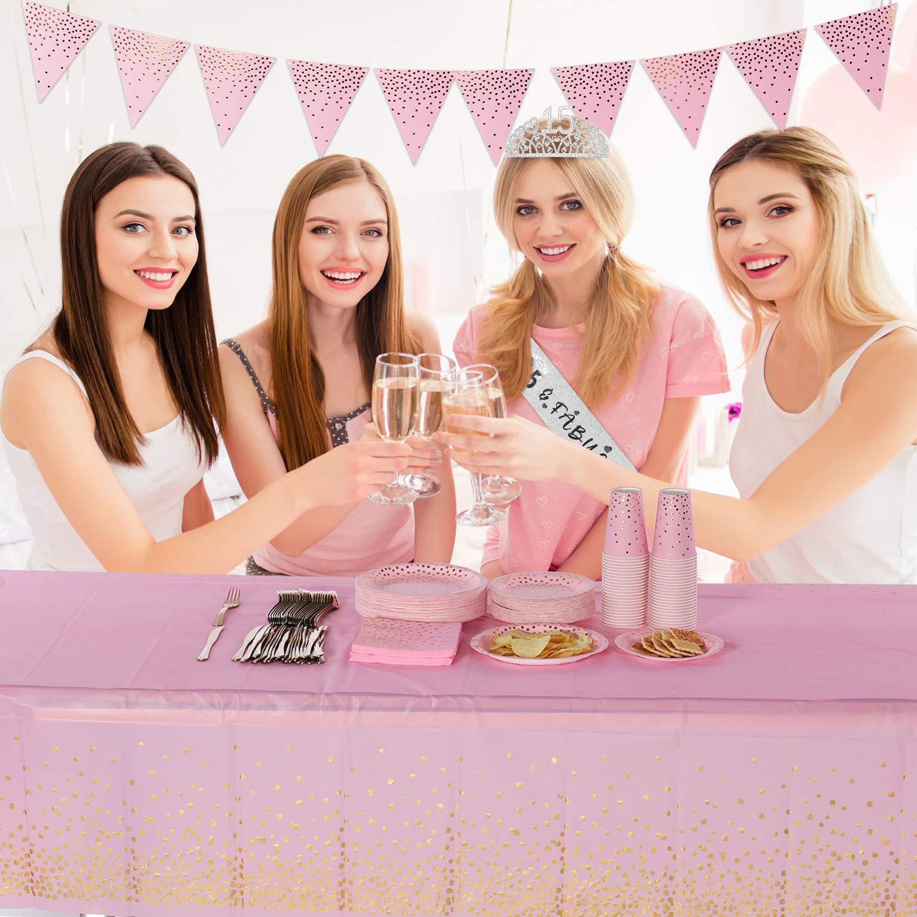 15th Birthday Decorations for Girls - Happy 15th Birthday Party Supplies, Tiara & Sash Set, Quinceañera Decorations - Perfect for Sweet 15 Celebrations, Birthday Gifts & Photo Backdrops