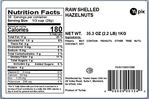 Organic Raw Hazelnuts with Skin, 2.2 lb (35.2 oz) - Gluten-Free, Kosher, Unsalted, Unroasted | High in Fiber & Iron | Healthy Snack for Baking, Cooking, Trail Mix & Desserts | Premium Quality Filberts for Nut Butters, Granola & Vegan Recipes