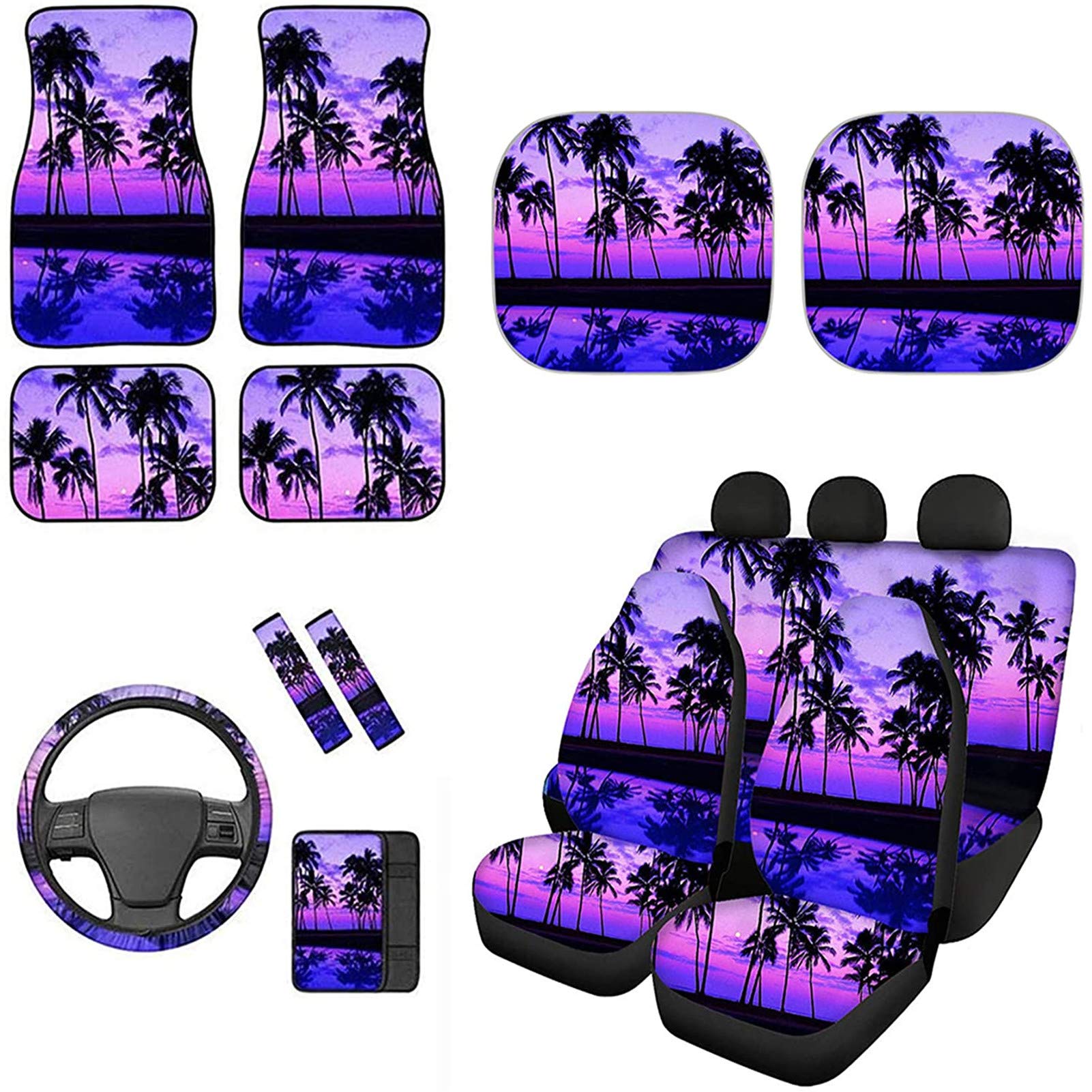 COEQINE 13-Piece Purple Car Seat Covers Set with Beach Palm Tree Print - All Weather Anti-Slip Floor Mats, Windshield Sun Shade, Neoprene Armrest & Steering Wheel Covers, Seat Belt Pads - Perfect for Women's Cars, Beach Trips & Summer Road Travel