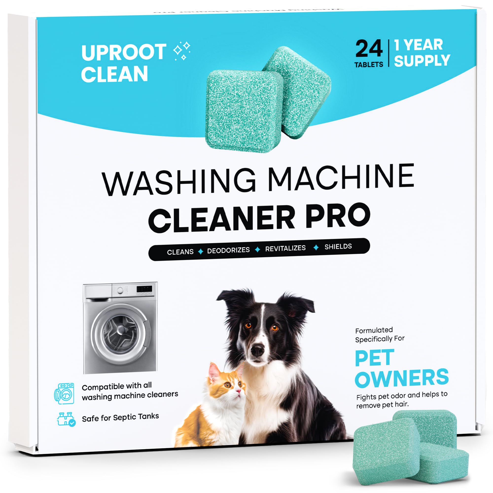 Uproot Clean Washing Machine Cleaner Tablets - 24 Pack (12 Month Supply) | HE, Top & Front Load Compatible | Removes Residue, Grime & Odors | Septic Safe & Pet-Friendly Formula | Perfect for Laundry Refresh & Deep Cleaning