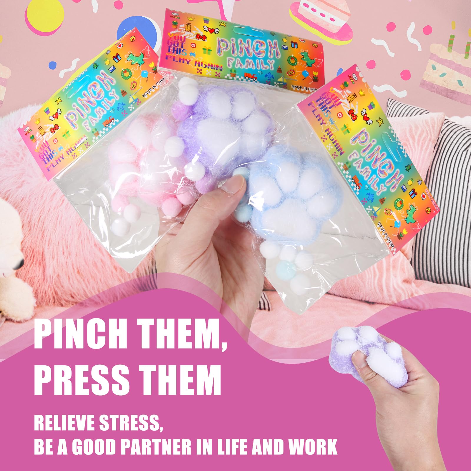2 Pack Cute Kawaii Cat Paw Squishy Toys - Soft Jelly Squeeze Stress Relief Fidget Toys for Adults & Kids - Fun Novelty Sticky Fur Ball Squishies for Anxiety Relief, Office Desk & Home Decor