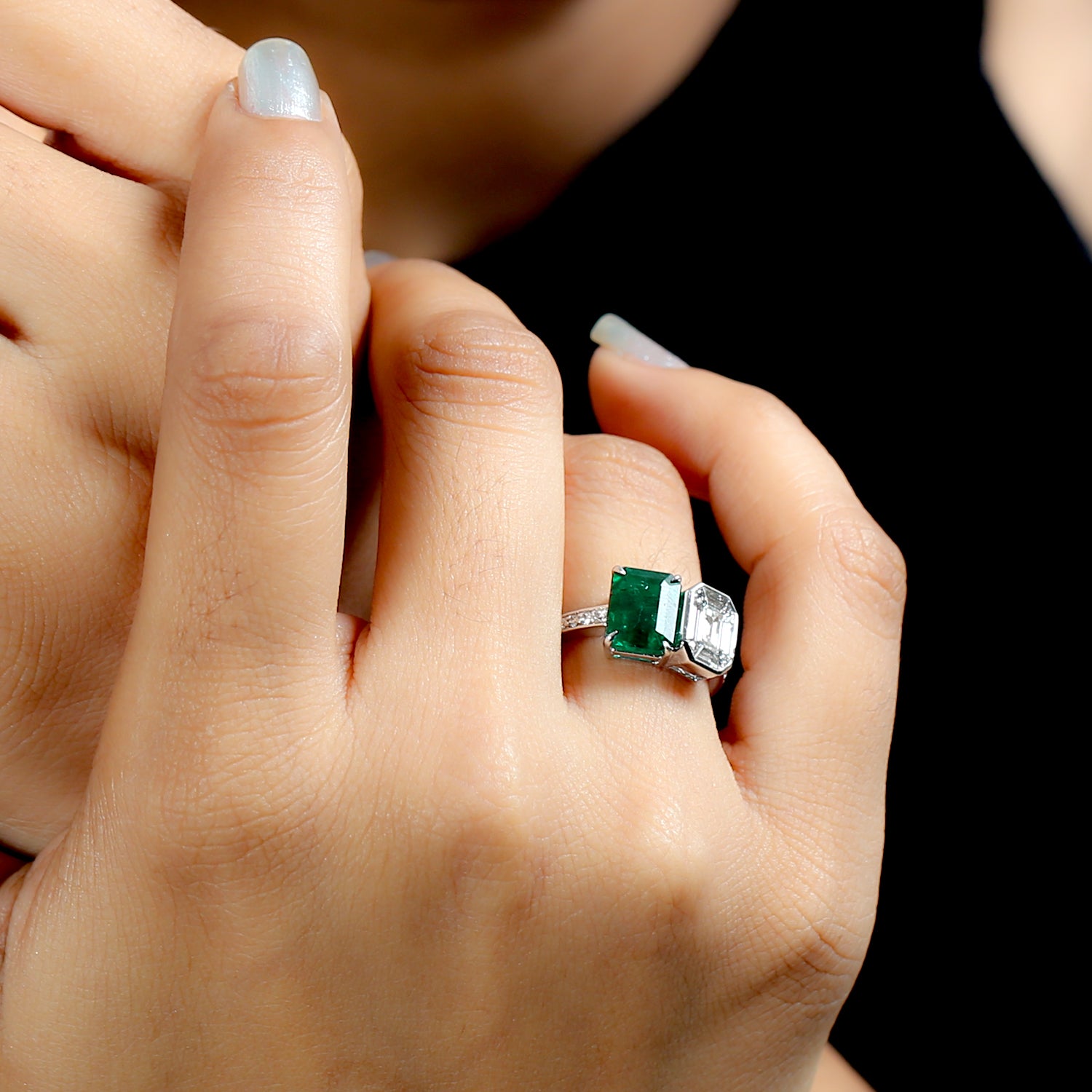 Emerald Cut Natural Emerald Solitaire Diamond Ring in 14K White Gold - Elegant Engagement & Wedding Jewelry for Women