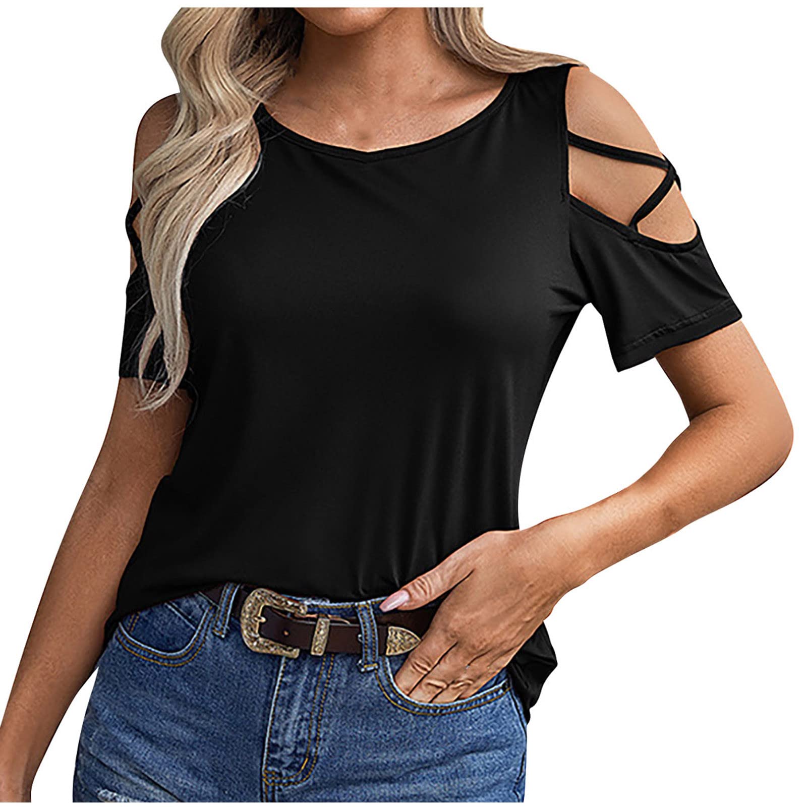 Women's Cross Cold Shoulder T-Shirts - Summer Casual Round Neck Short Sleeve Blouse Tees - Basic Cotton Top for Beach, Party & Everyday Wear