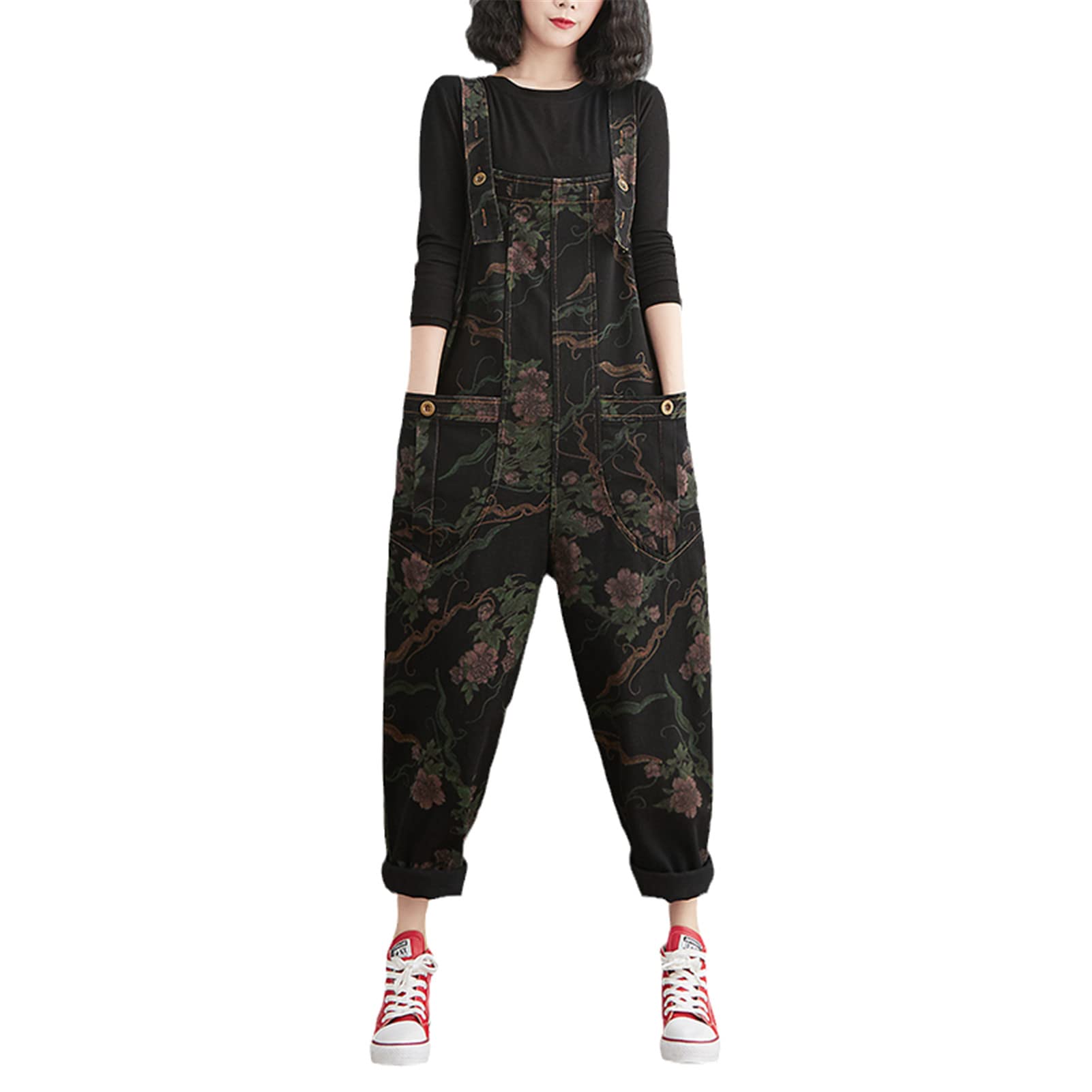 Vintage Floral Print Women's Black Denim Romper Jumpsuit - Loose Fit Wide Leg Overalls with Suspenders | Casual Baggy Pants for Women | Perfect for Summer Outings, Music Festivals & Boho Style Fashion