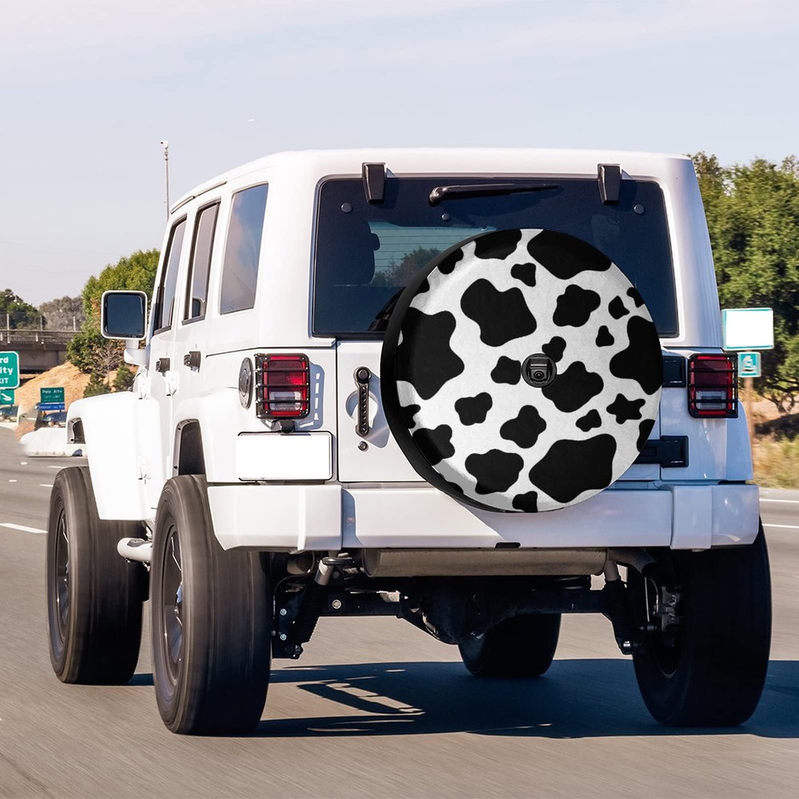 Cute White Cow Print Spare Tire Cover with Backup Camera Hole - Universal Fit for 17 Inch Wheels on Trailers, RVs, SUVs & More | Perfect for Outdoor Adventures & Road Trips