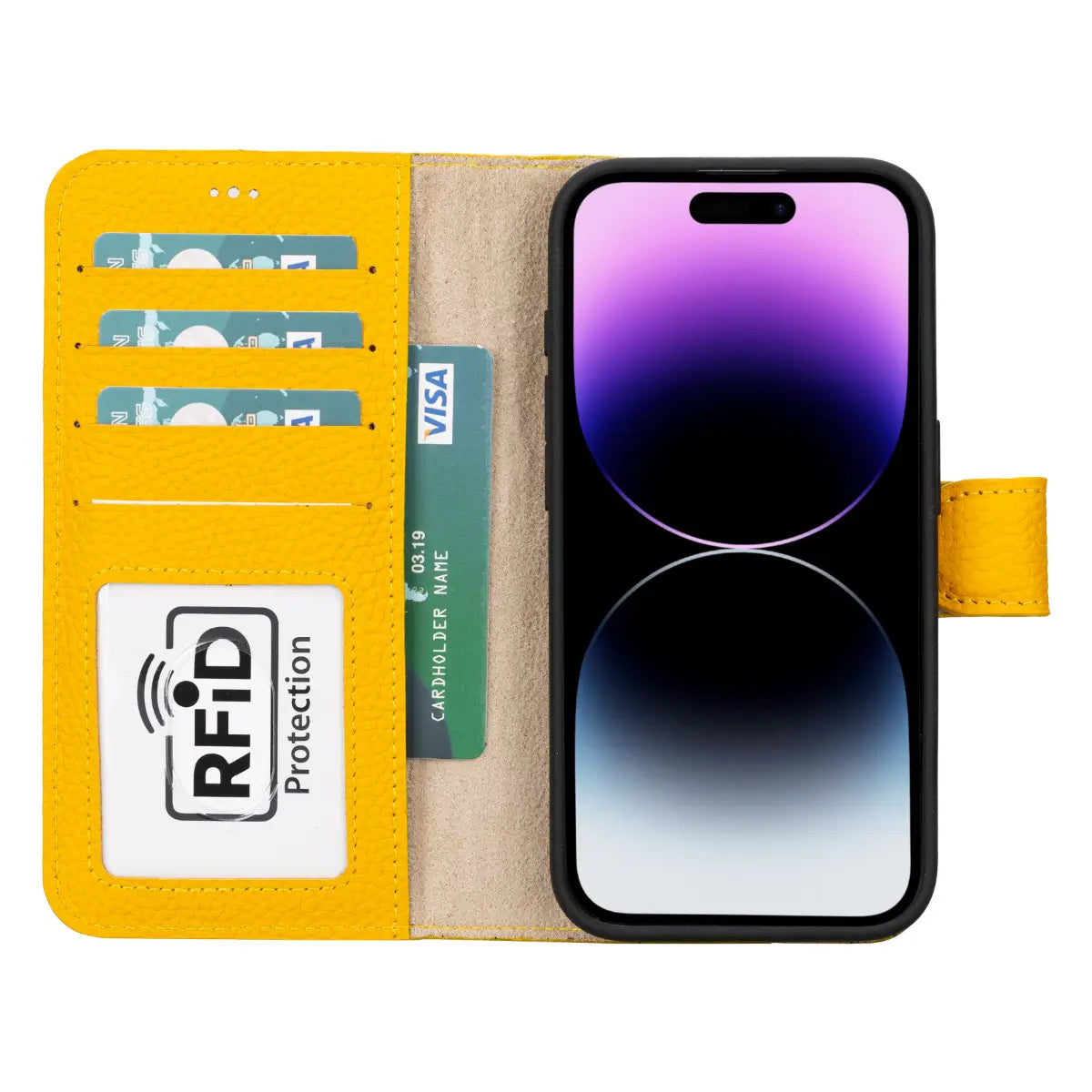 Premium Yellow Leather Wallet Case for iPhone 15 Pro - Slim RFID Blocking Phone Cover with Card Slots | Perfect for Everyday Use, Travel & Business Meetings