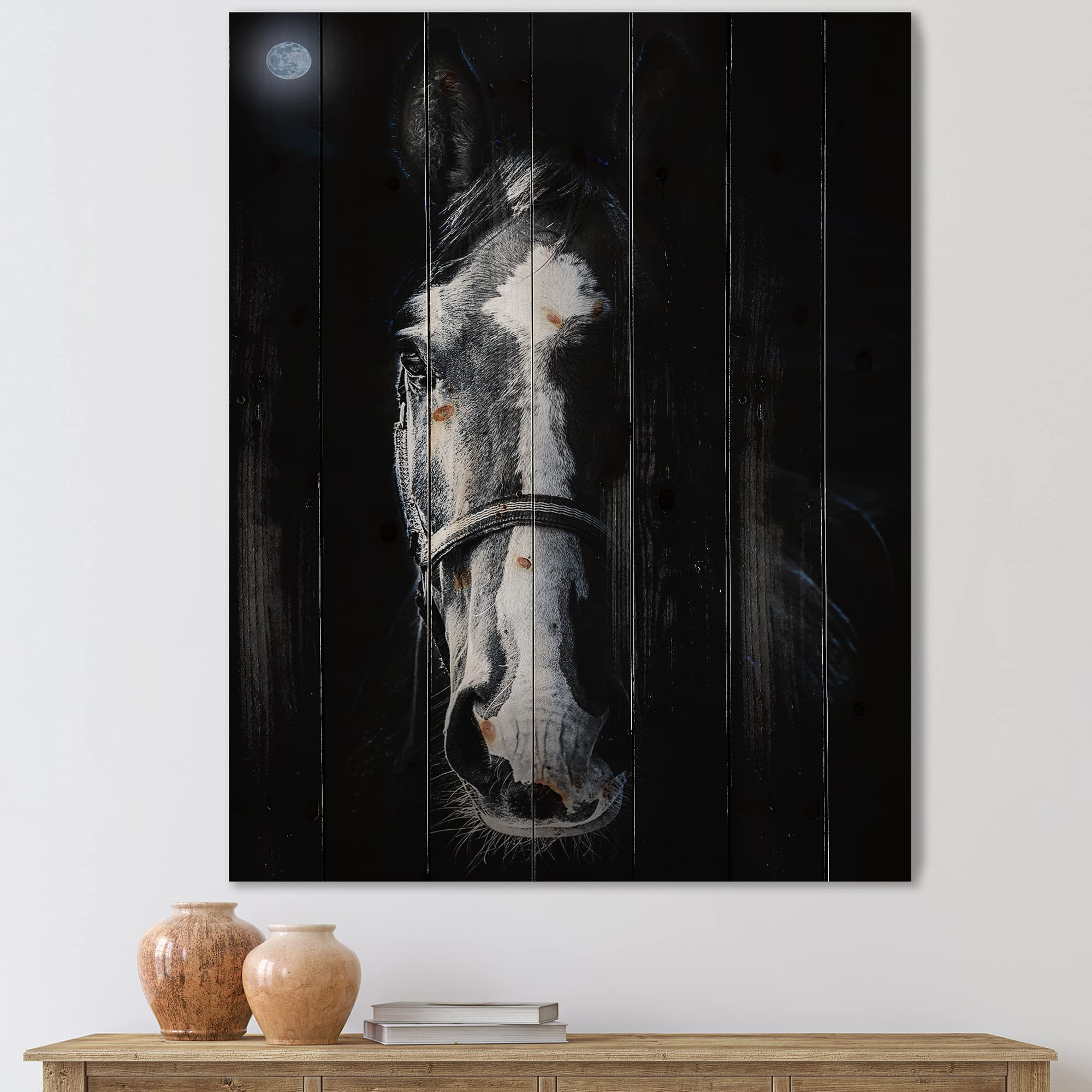 Sinister Farmhouse Horse Staring Wood Wall Decor - Black Large Animal Wall Art Panels Printed on Natural Pine Wood - Perfect for Rustic Home, Cabin & Western Themed Decor