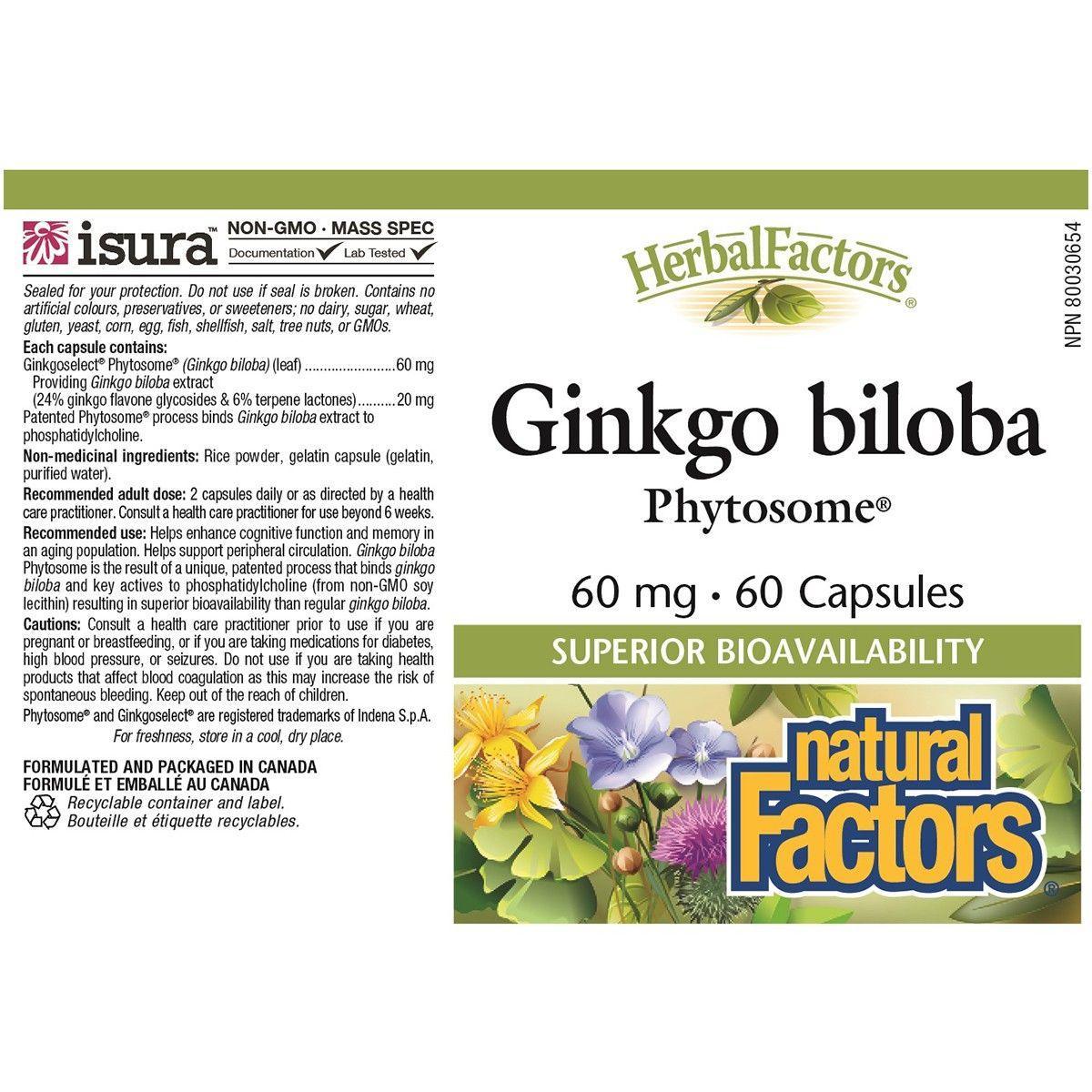 Natural Factors Herbal Factors Ginkgo Biloba Phytosome 60mg - 60 Capsules for Memory & Brain Support - Enhance Focus & Cognitive Function for Students & Professionals