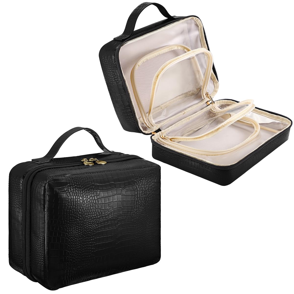 Large Capacity Leather Travel Makeup Bag with Brush Holder - Flat Opening Cosmetic Organizer Case for Women & Girls (Black) | Perfect for Vacation, Business Trips & Daily Makeup Storage