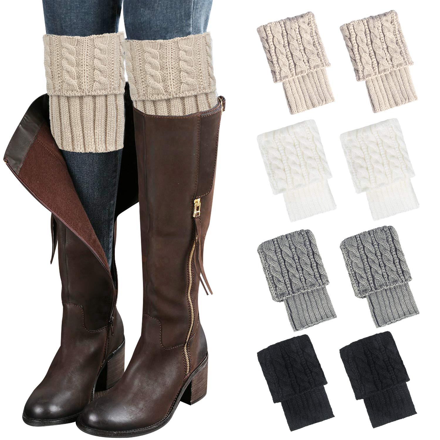 Women's Winter Boot Socks - 4 Pairs Knit Boot Cuffs for Warmth & Style