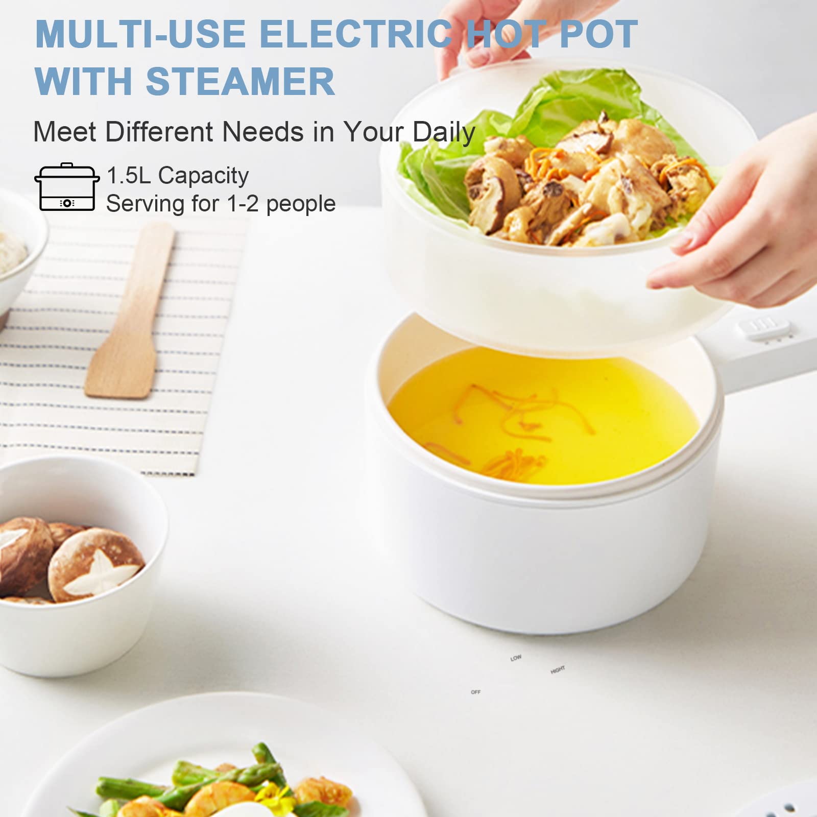 Electric Hot Pot with Steamer - 1.5L Ceramic Non-Stick Portable Multi-Cooker for Dorm, Office & Travel | Perfect for Hot Pot, Ramen, Pasta, Steak & More | Dual Power Fast Heating Mini Cooking Pot