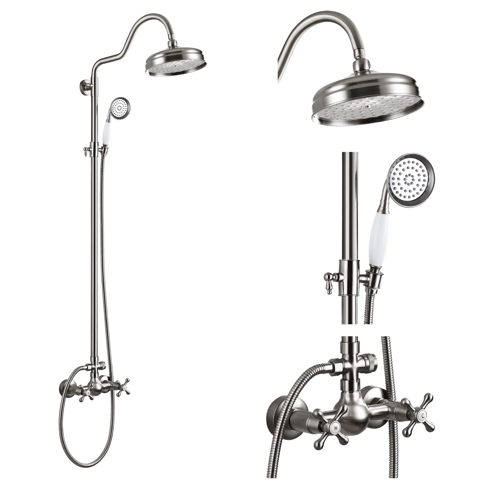 Luxury 8 Inch Wall Mount Rainfall Shower System - Brushed Nickel Exposed Shower Faucet Set with Adjustable Arc Rod & Handheld Spray - Perfect for Modern Bathrooms & Spa-Like Experience