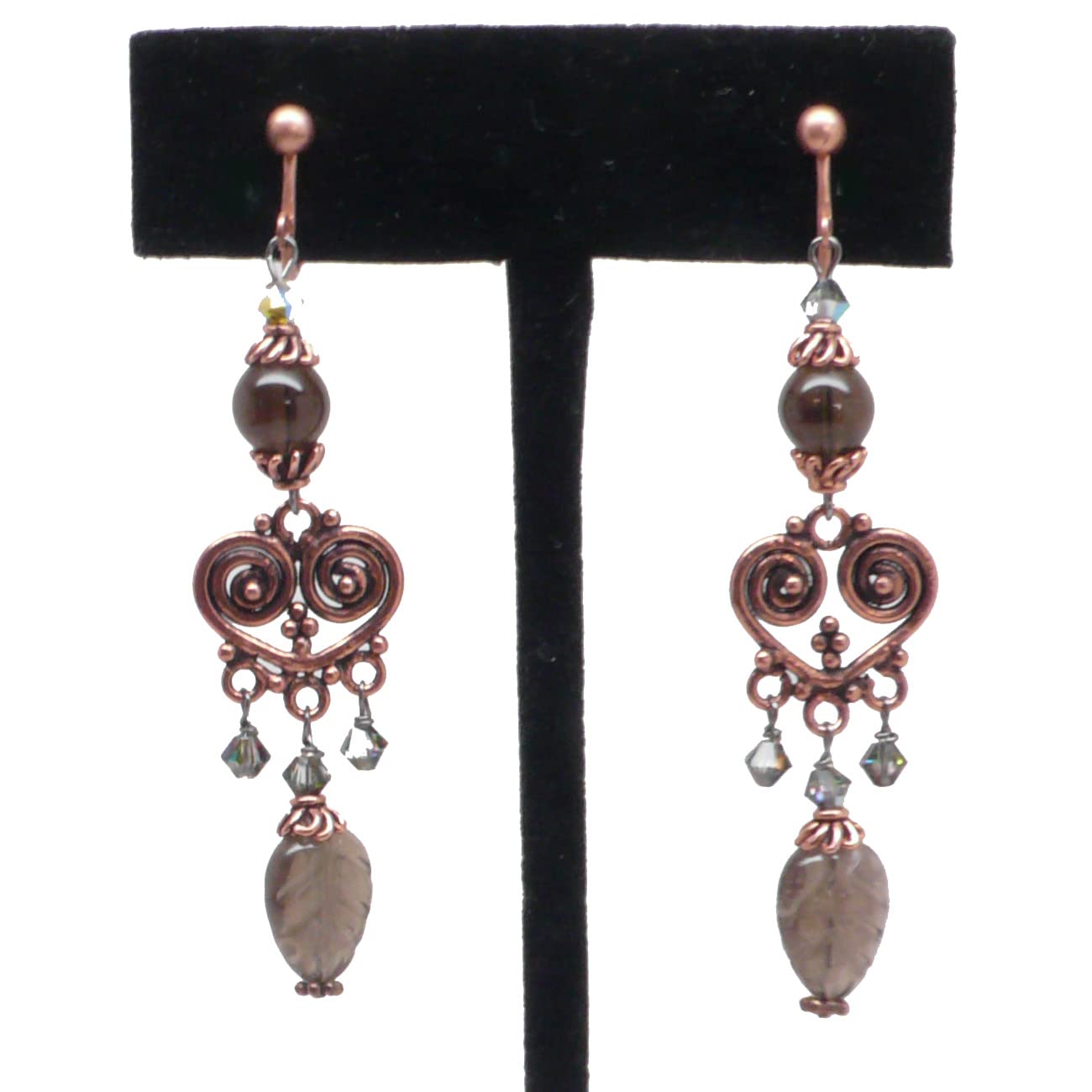 Smoky Quartz Leaf Copper Heart Chandelier Earrings for Women - Elegant Bohemian Dangle Drop Earrings for Party, Wedding & Evening Occasions
