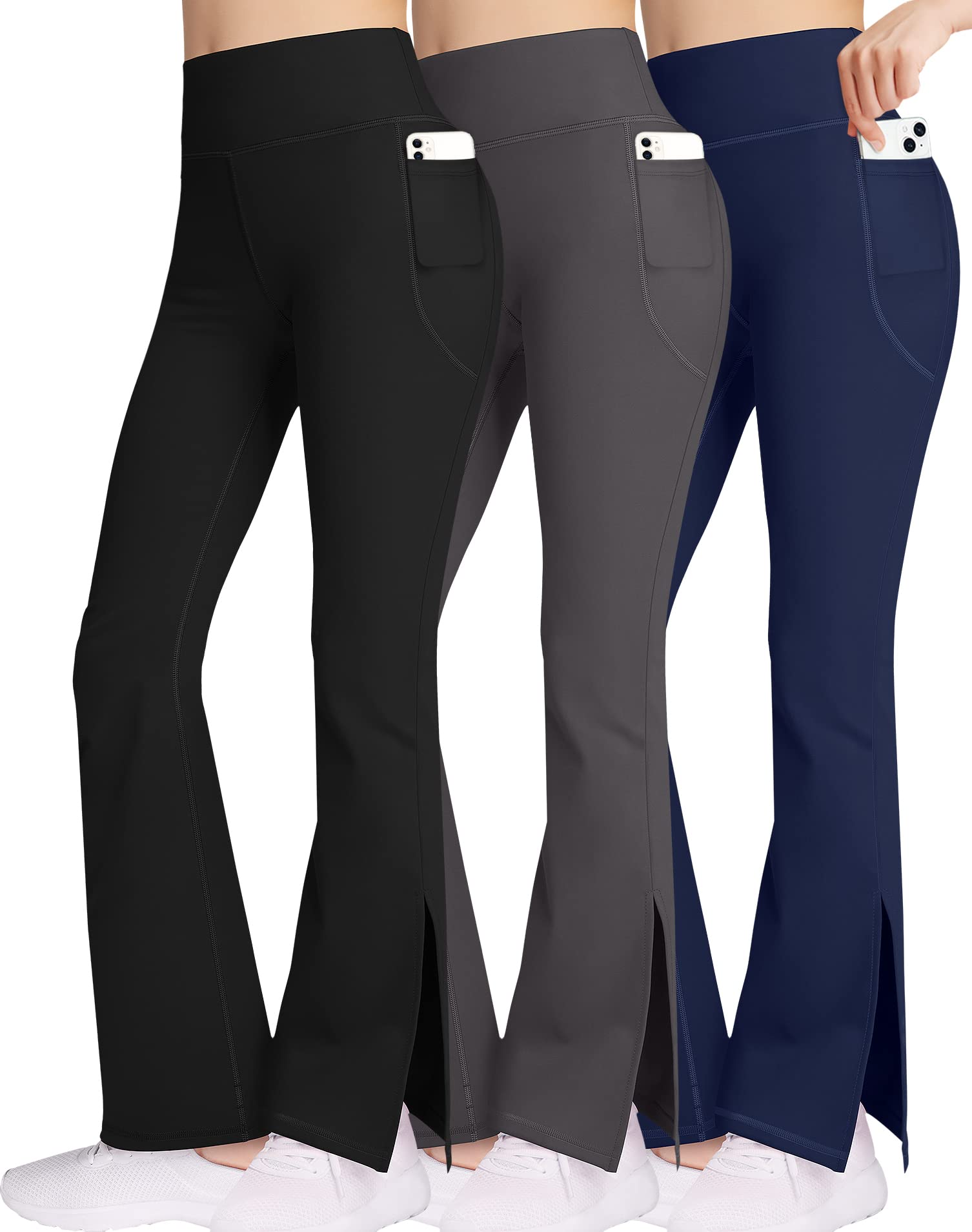 Best Women's High Waisted Yoga Pants with Pockets - 3 Pack Tummy Control Flared Leggings for Yoga, Workout & Casual Wear