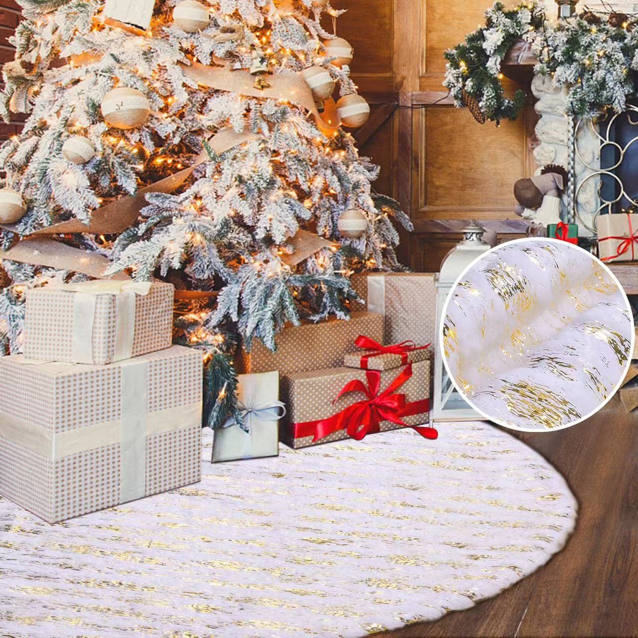 Voyoly 48 Inch Christmas Tree Skirt - Upgraded Bronzing Line White Sequin Tree Collar, Faux Fur Plush Rug for Xmas Decorations | Indoor Holiday Decor, Perfect for Living Room, Bedroom & Festive Party Decorating
