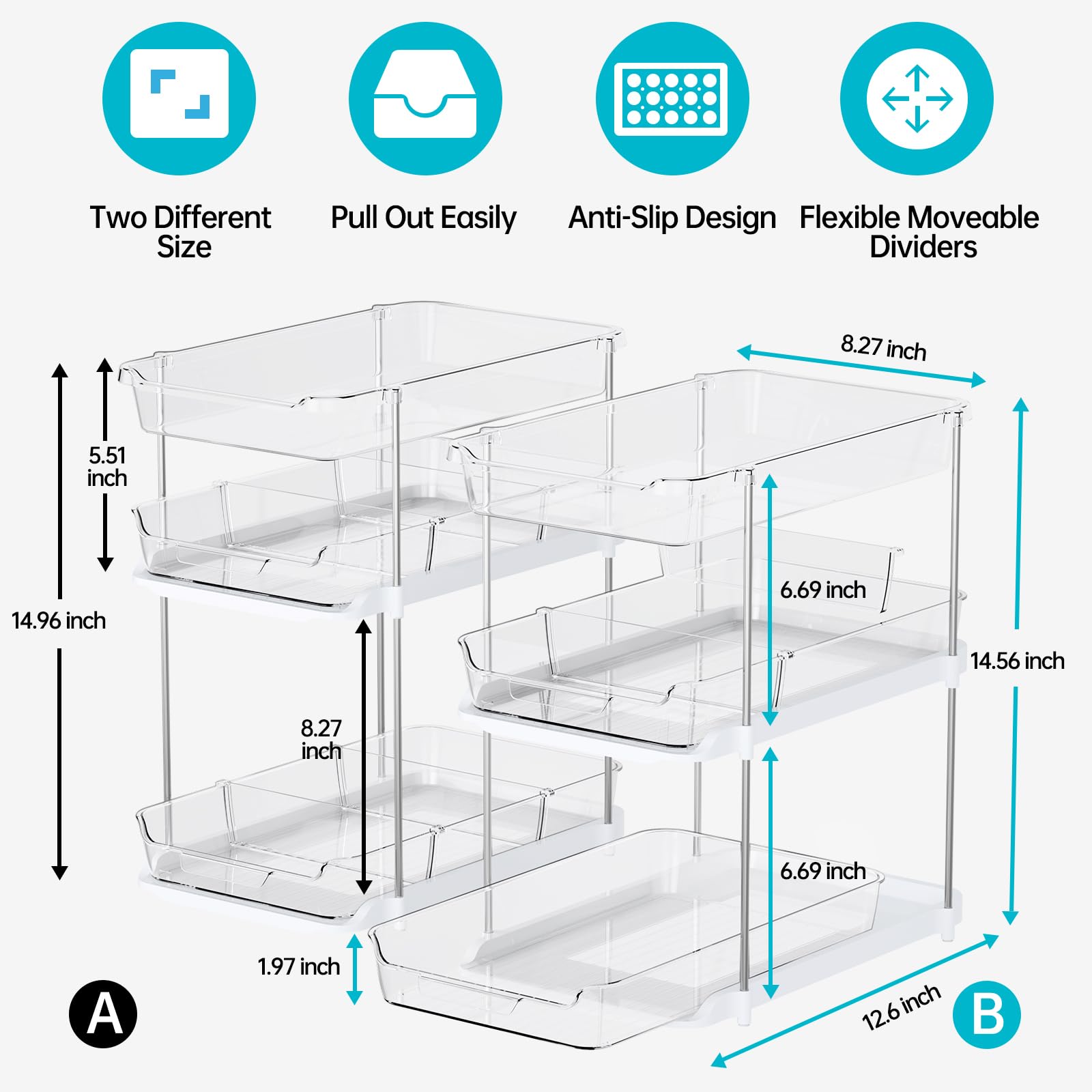Delamu 2-Pack 3-Tier Under Sink Organizer Set - Stackable Bathroom & Kitchen Storage with Adjustable Dividers - Clear Pull-Out Cabinet Organizer for Pantry, Bathroom & Closet Organization (Perfect for Small Spaces & Home Organization)