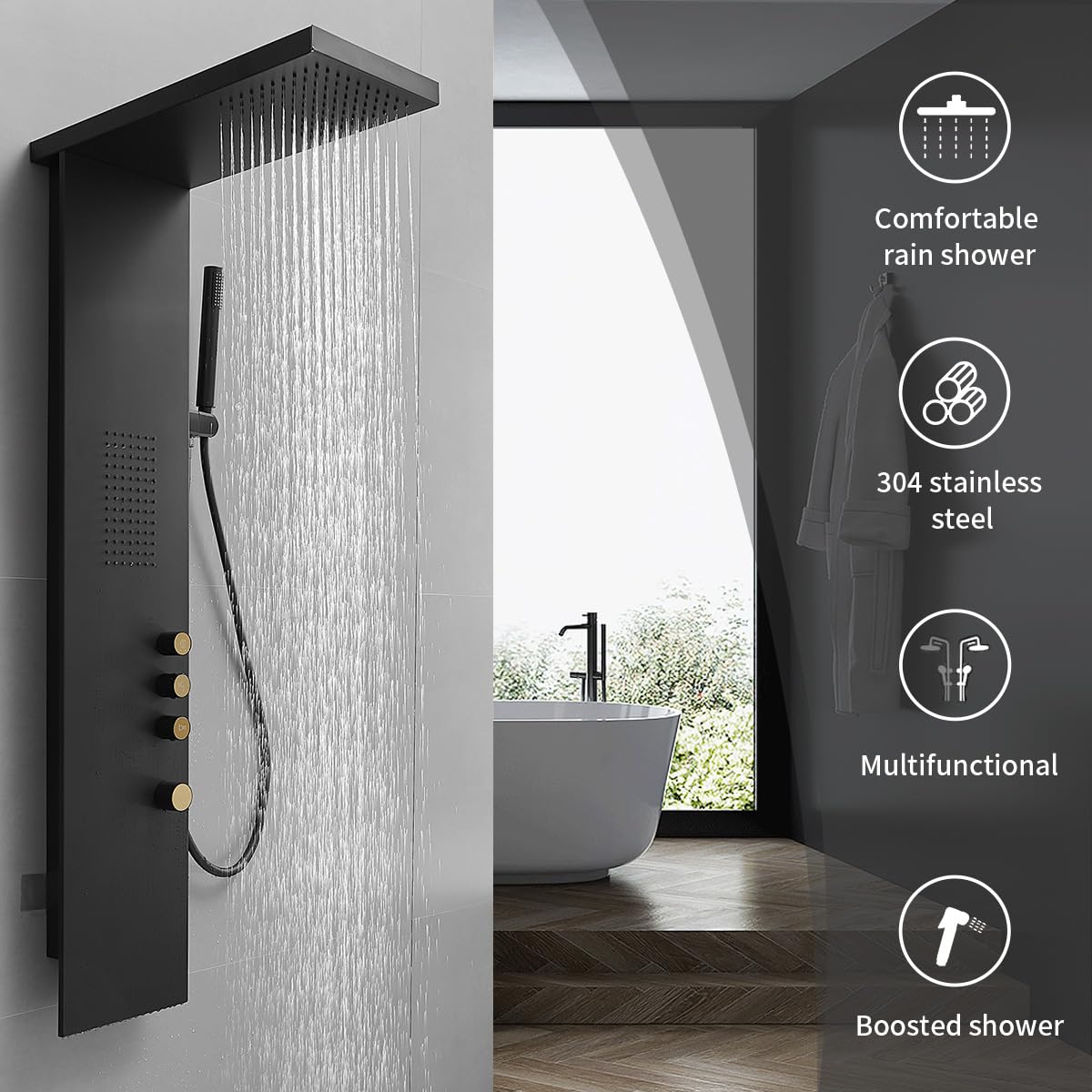 Premium Stainless Steel Shower Panel Tower System with Rainfall Shower, Body Jets & Handheld Shower - 3-Function Wall Mounted Black Shower System for Luxurious Spa-Like Bathroom Experience