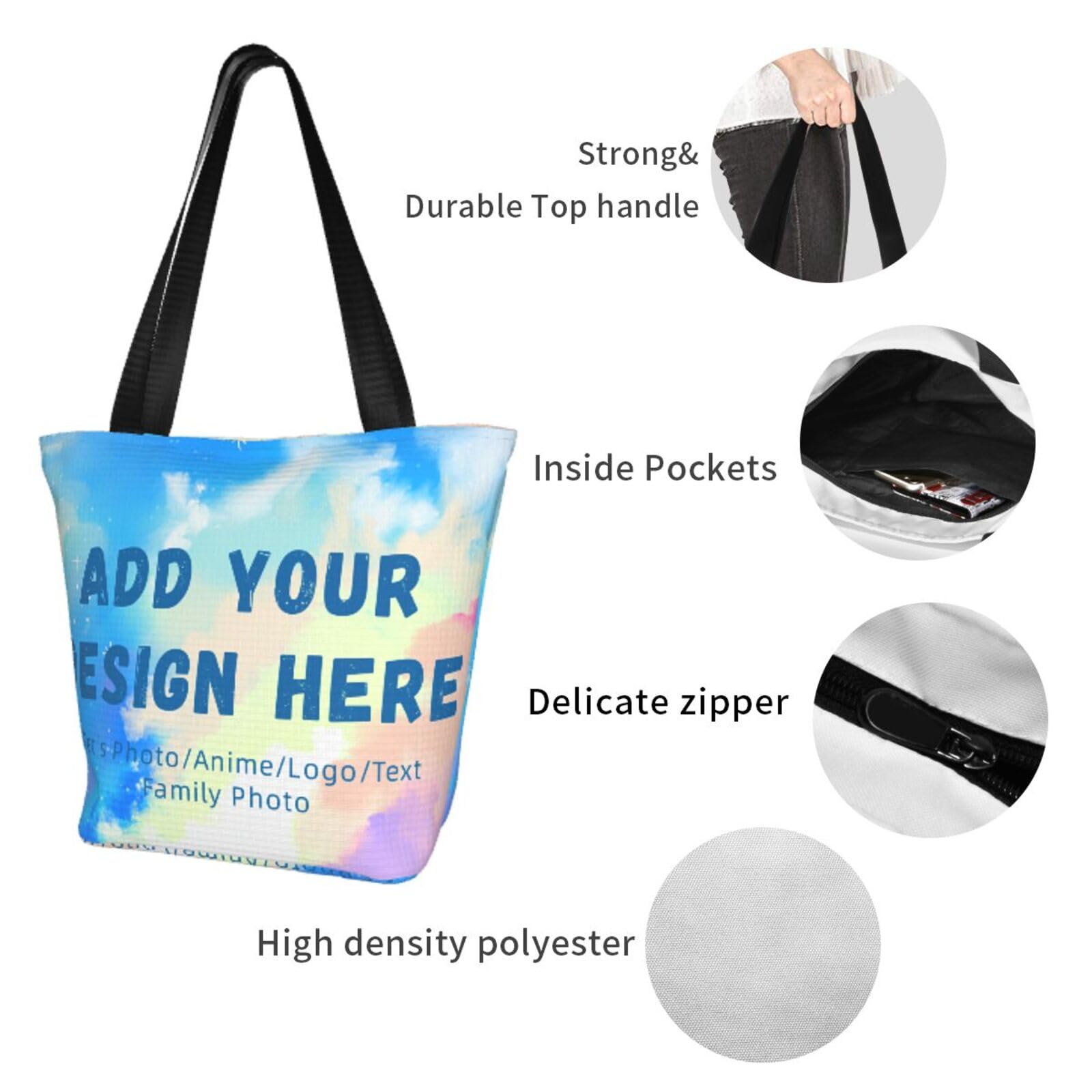 Custom Zipper Tote Bag - Personalized Reusable Shopping Bag with Photo/Text Printing - Durable Shoulder Handbag for Women - Perfect for Beach, Wedding, Travel & Work Commute