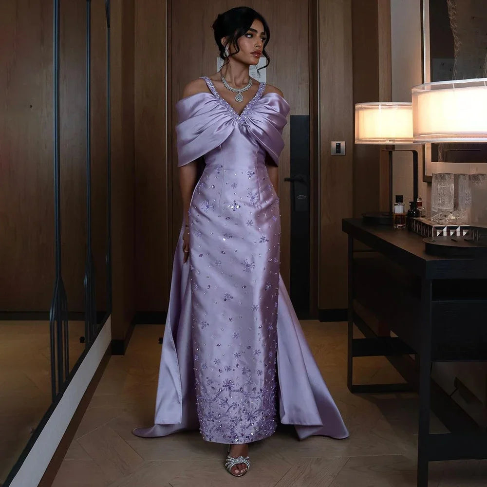 Elegant Lilac Off Shoulder Evening Dress with Detachable Cape & Beaded Details - LA72529 | Wedding Guest Dress, Prom Gown & Special Occasion Party Dress