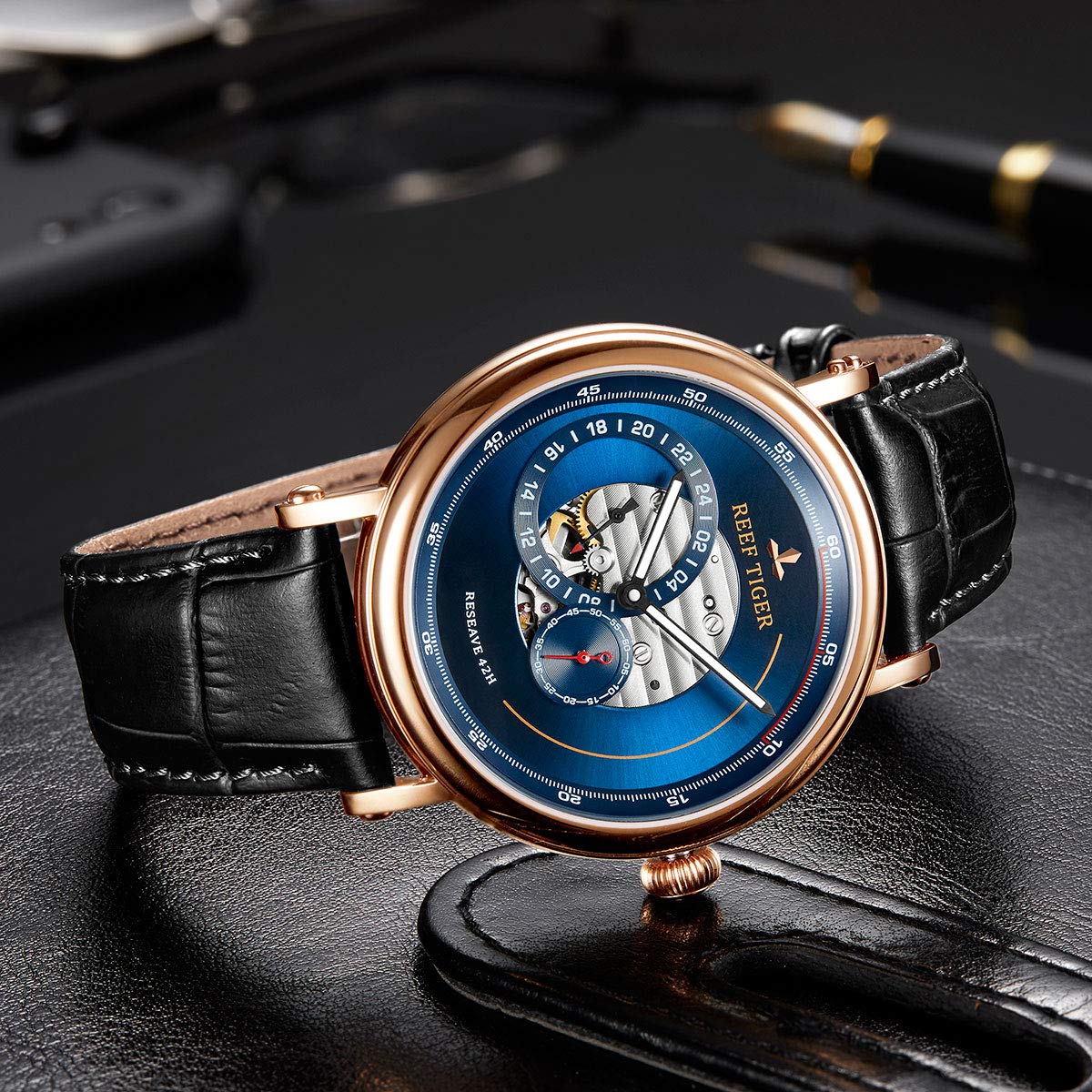 REEF TIGER Luxury Men's Automatic Watch - Blue Reserve RGA1617 with Genuine Leather Strap | Waterproof Dress Watch for Business, Formal Events & Gifts