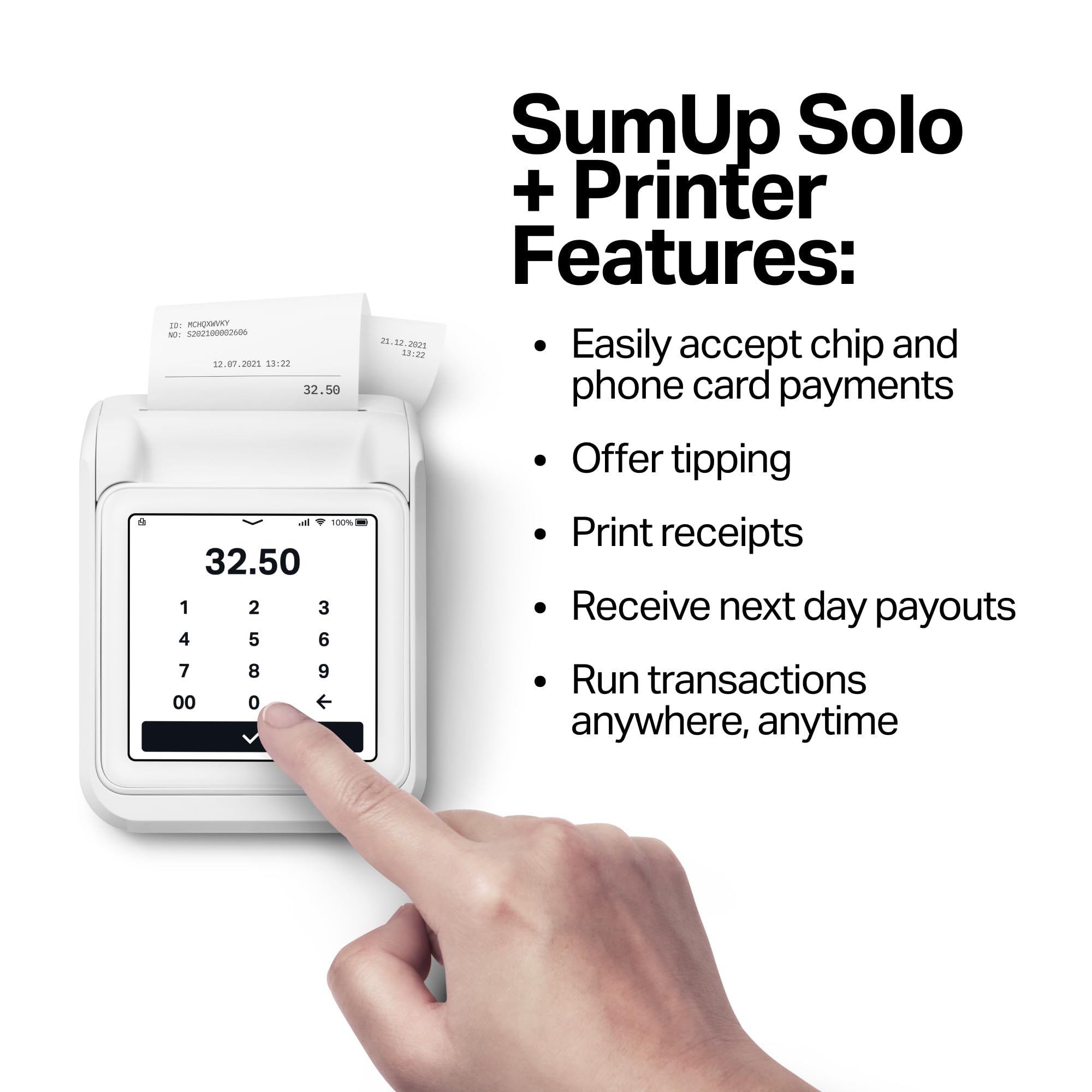 SumUp Solo + Printer Bundle - Portable Credit Card Payment Terminal with Full Touch-Screen, Free SIM Card & Mobile Data - Ideal for Retail Stores, Food Trucks & Mobile Businesses
