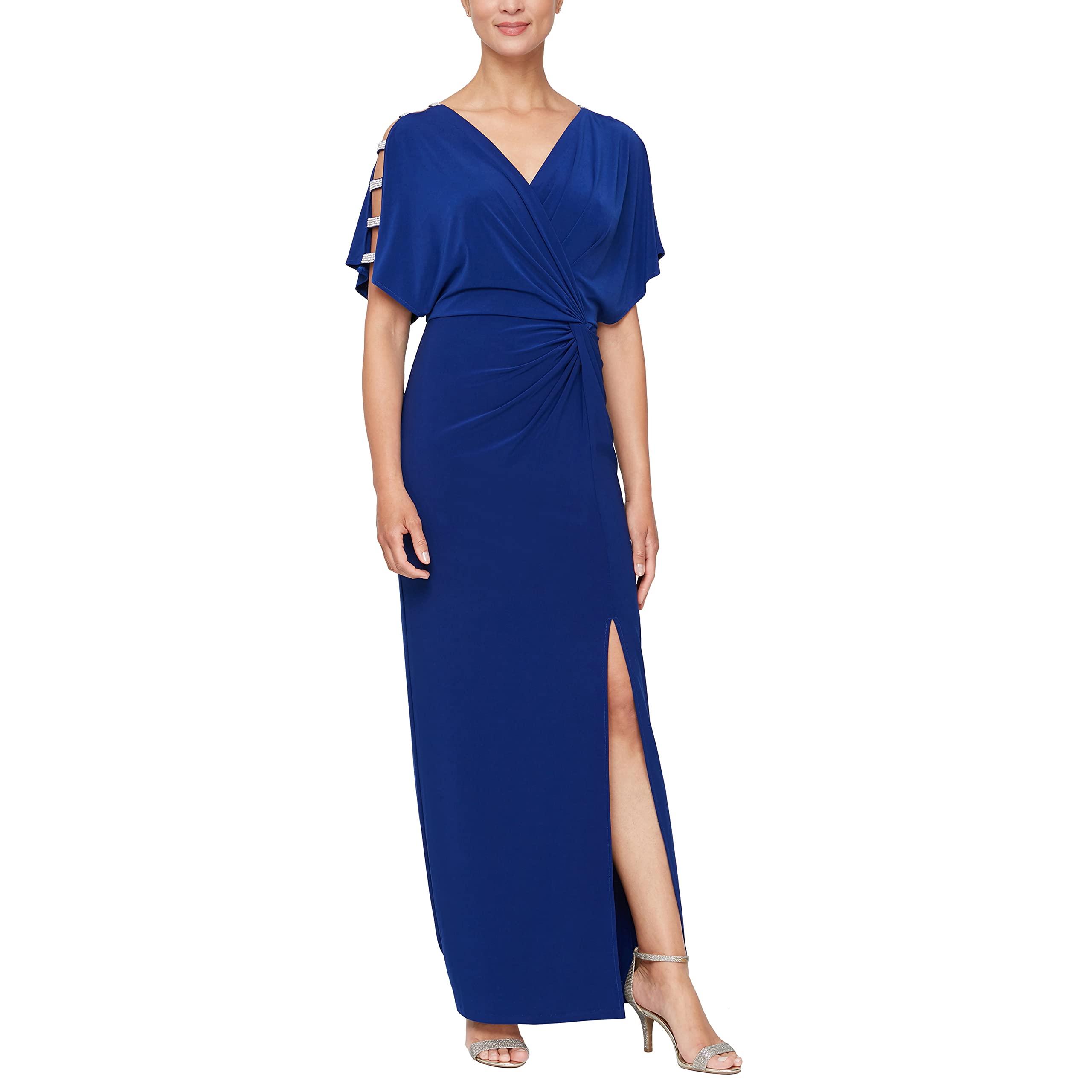 Alex Evenings Women's Formal Long V-Neck Knot Front Wedding Guest Dress with Cold Shoulder Sleeves - Elegant Evening Gown for Bridal Shower, Cocktail Party & Special Occasions (Petite & Regular Sizes)